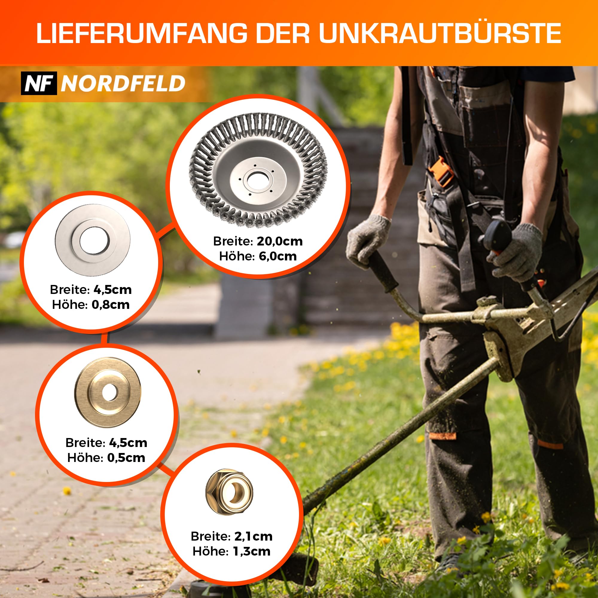 NORDFELD Profi Unkrautbürste für Freischneider mit 25,4mm Bohrung - Hochwertige Wildkrautbürste für Motorsense - Effektive Moosentfernung mit Installationswerkzeug