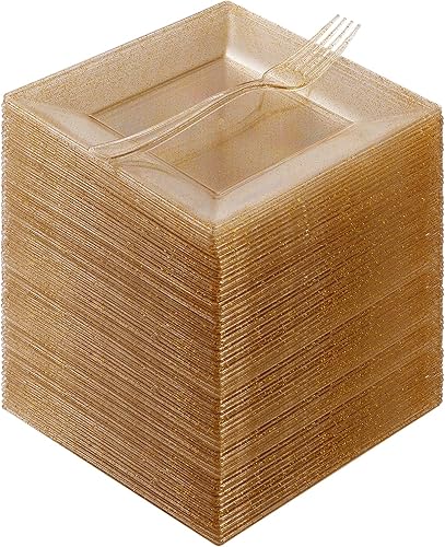Goodluck 240 platos cuadrados de purpurina dorada con tenedores de plástico, platos de postre dorados para 120 invitados, platos desechables