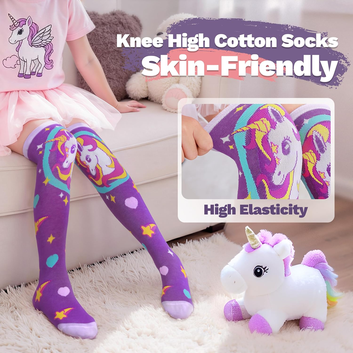ANTSANG Kids Girls Knee High Socks Fashion Funny Crazy Stockings Gift Cute Novelty Long Boot Cotton Socks for Child 6 Pairs