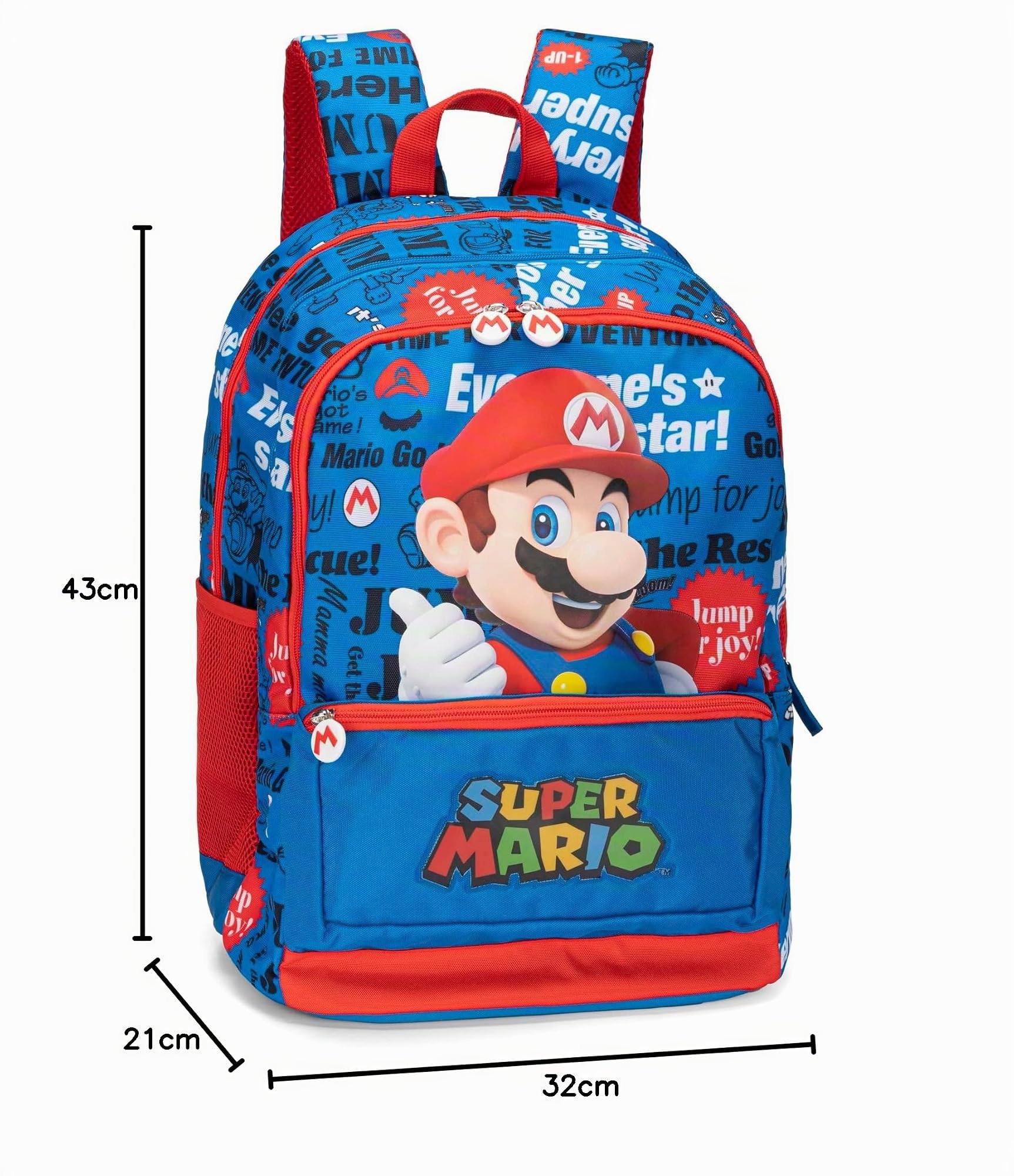 SUPERMARIO - Zaino Scuola Media, Elementare per Bambini e Ragazzi, con Schienale Imbottito e Rinforzato, Spallacci Regolabili e Vano Principale + Tasca Frontale con Zip, cm 32x21x43h
