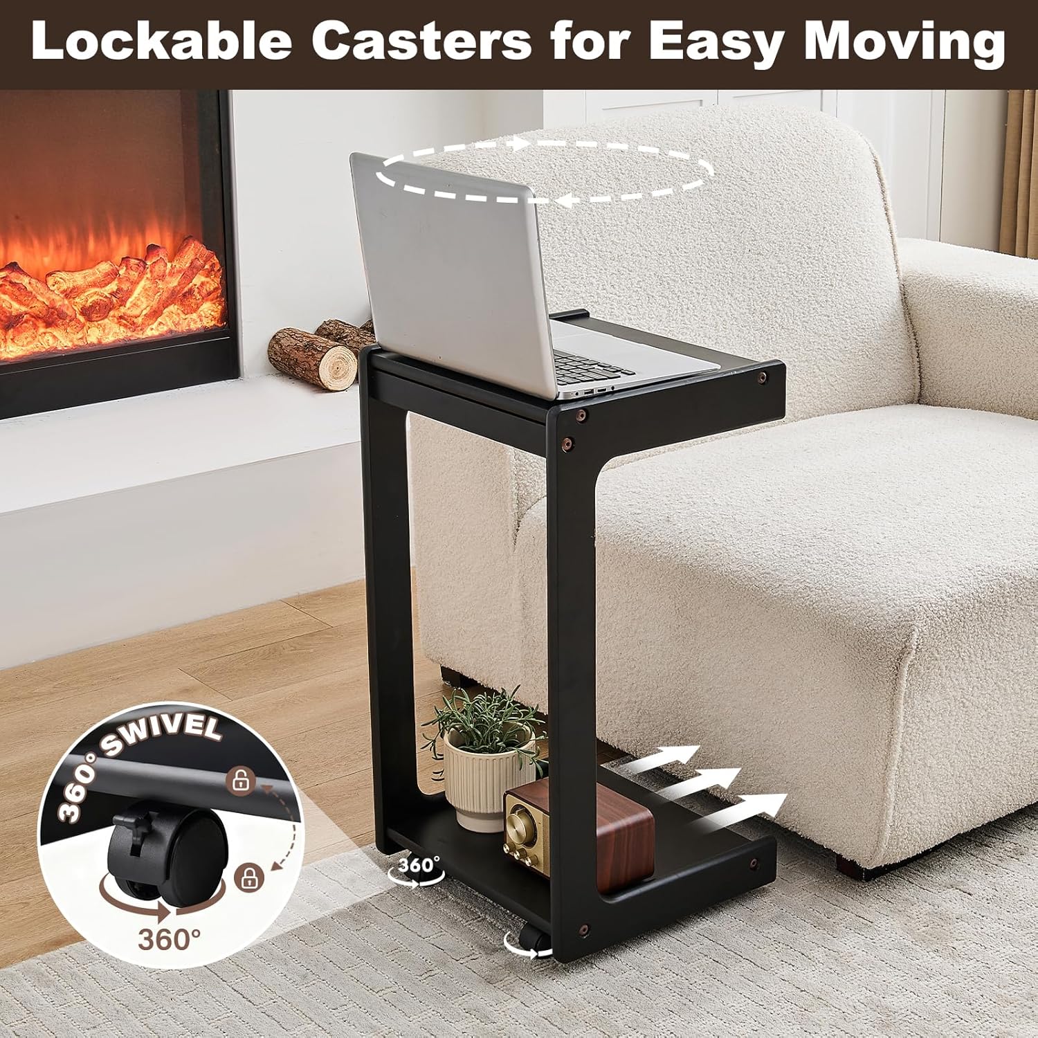 Uniclinens Rolling Side Table for Sofa - C Shape Couch End Table with Wheels, Mobile Wooden Slim Sofa Tray, Movable Small Couch Desk for Living Room Bedroom, Black