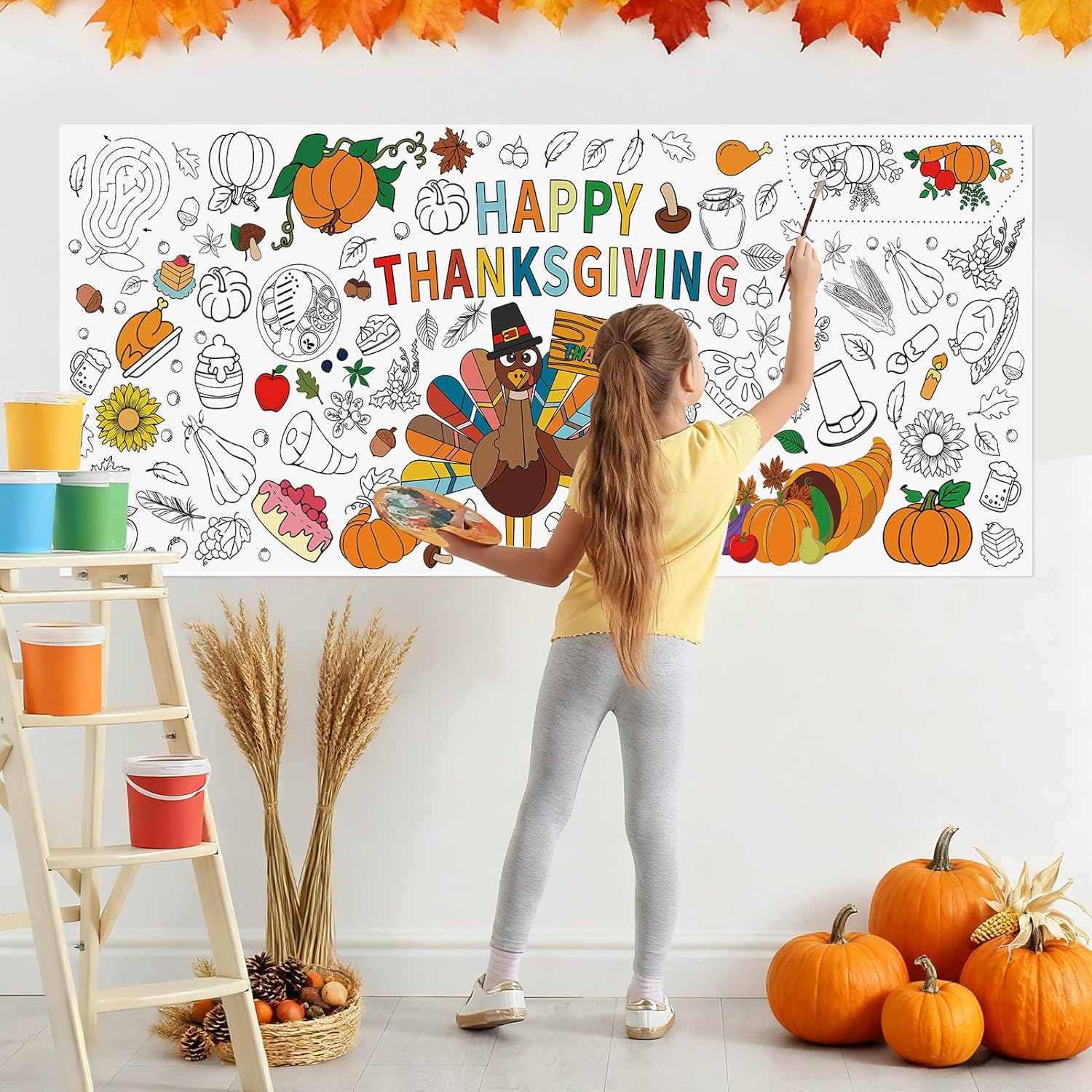 Giant Happy Thanksgiving Coloring Poster - Large Thanksgiving Coloring Tablecloth, Jumbo DIY Turkey Paper Banner Craft for Kids Game Activities Thanks giving Party Favors Supplies Decor, 30 x 72 Inch