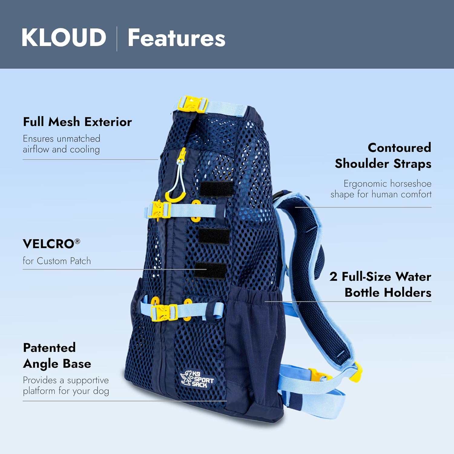 K9 Sport Sack Kloud - Large, Blue - Ideal for Dogs with 20-22” Back Length - Ultra-Light Mesh Backpack Carrier with Inflatable Frame