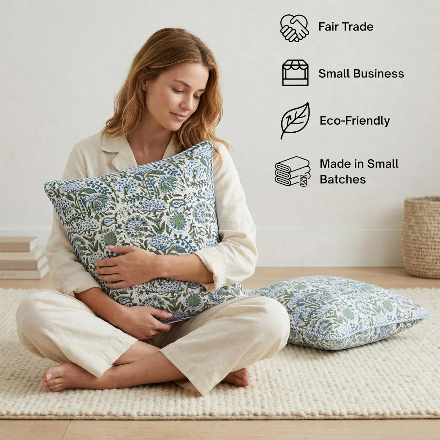 ATOSII Block Print Throw Pillow Covers, 20 X 20 - Set of 2, Decorative Couch Pillows for Living Room Bed Sofa, 100% Cotton Canvas Pillow Case for Home Decor & Outdoors, Preppy Throws - Clover Blue