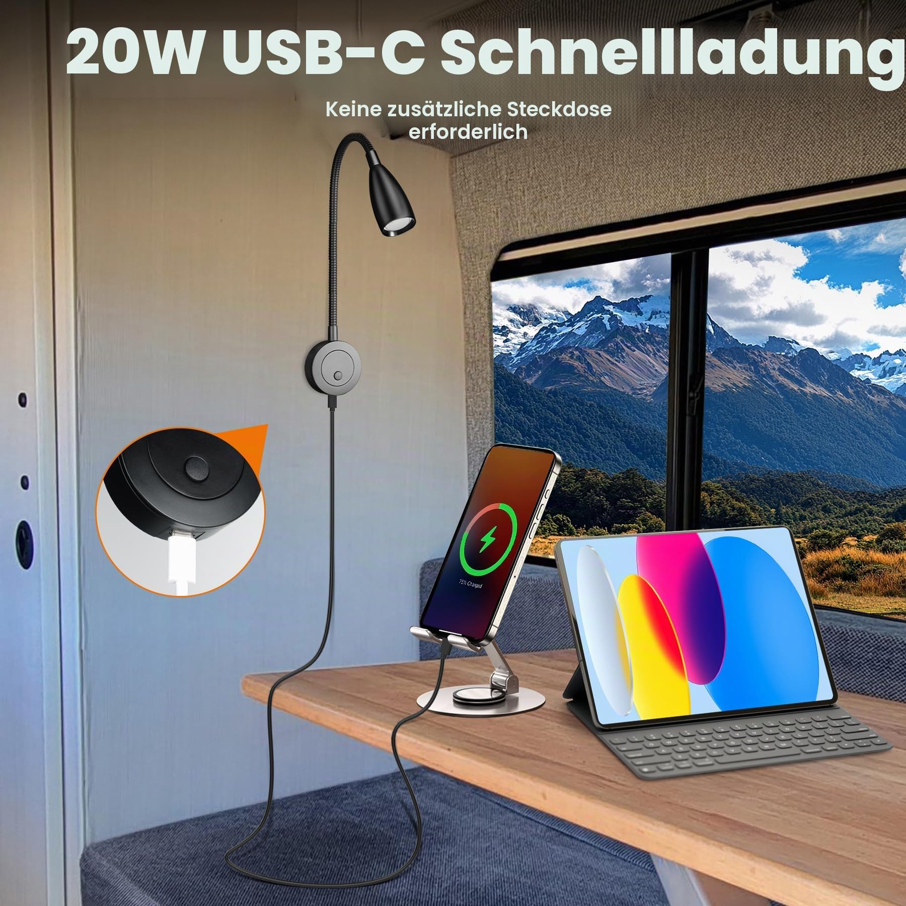 2 Stück 12V LED Leselampe Wohnmobil, 2W Flexible Dimmbar Leuchten 24V Wandmontag mit USB-C 20W für Wohnwagen Camper Boot Van Yacht Lkw Kombi (Schwarz, 4000K)