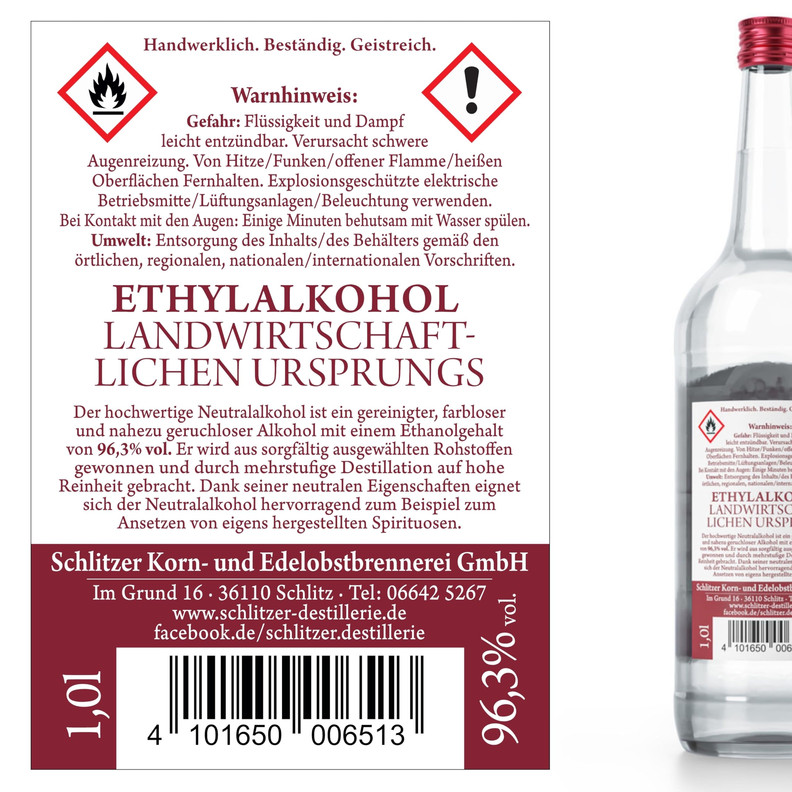 Schlitzer Neutralalkohol 96,3% vol. 1 l extra fein filtriert hochrein Weingeist Likören Tinkturen Kosmetik