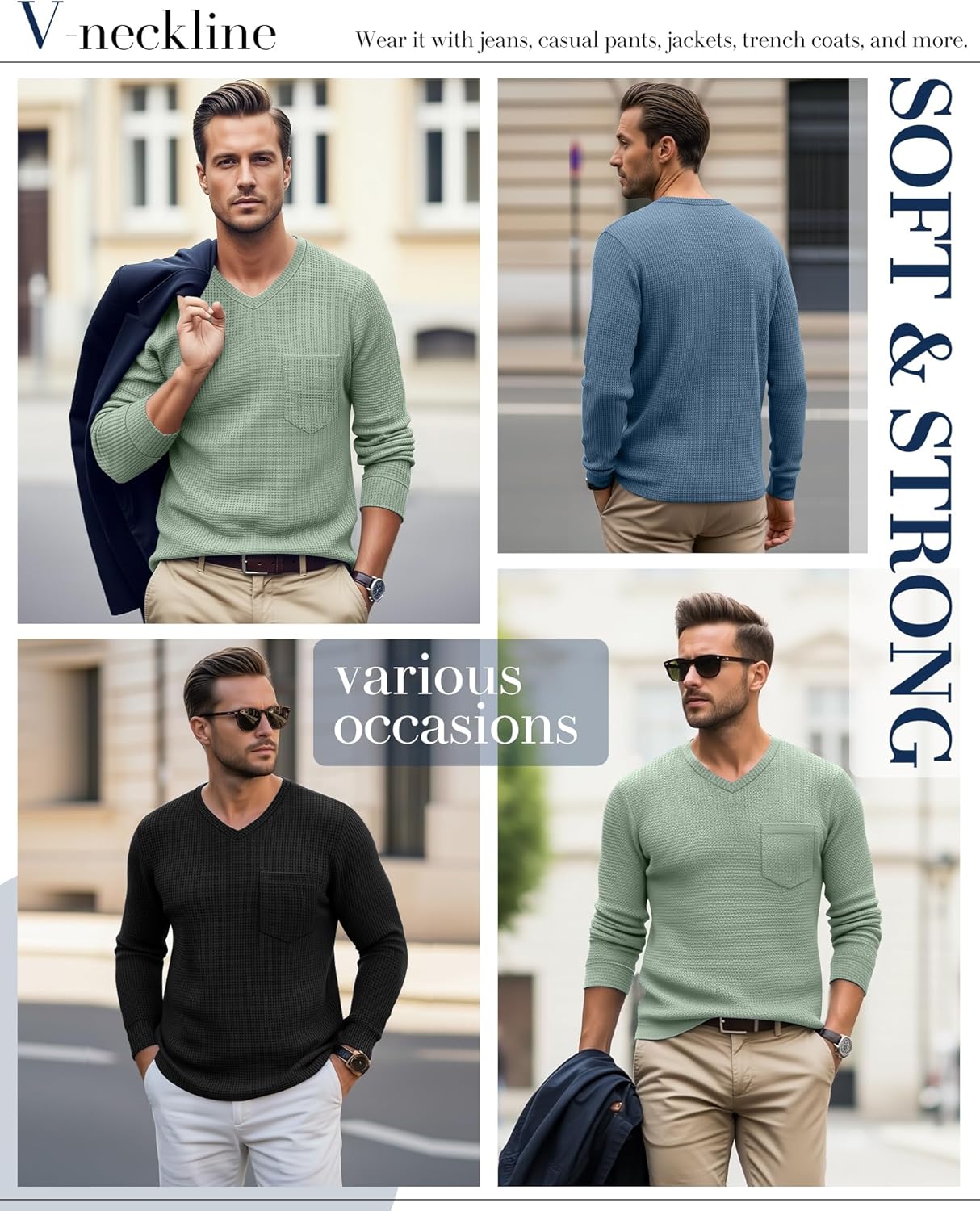 3 Pack Men's Waffle Thermal Long Sleeve Shirts V Neck Lightweight Tops Casual Pullover Undershirts with Pocket - Image 2