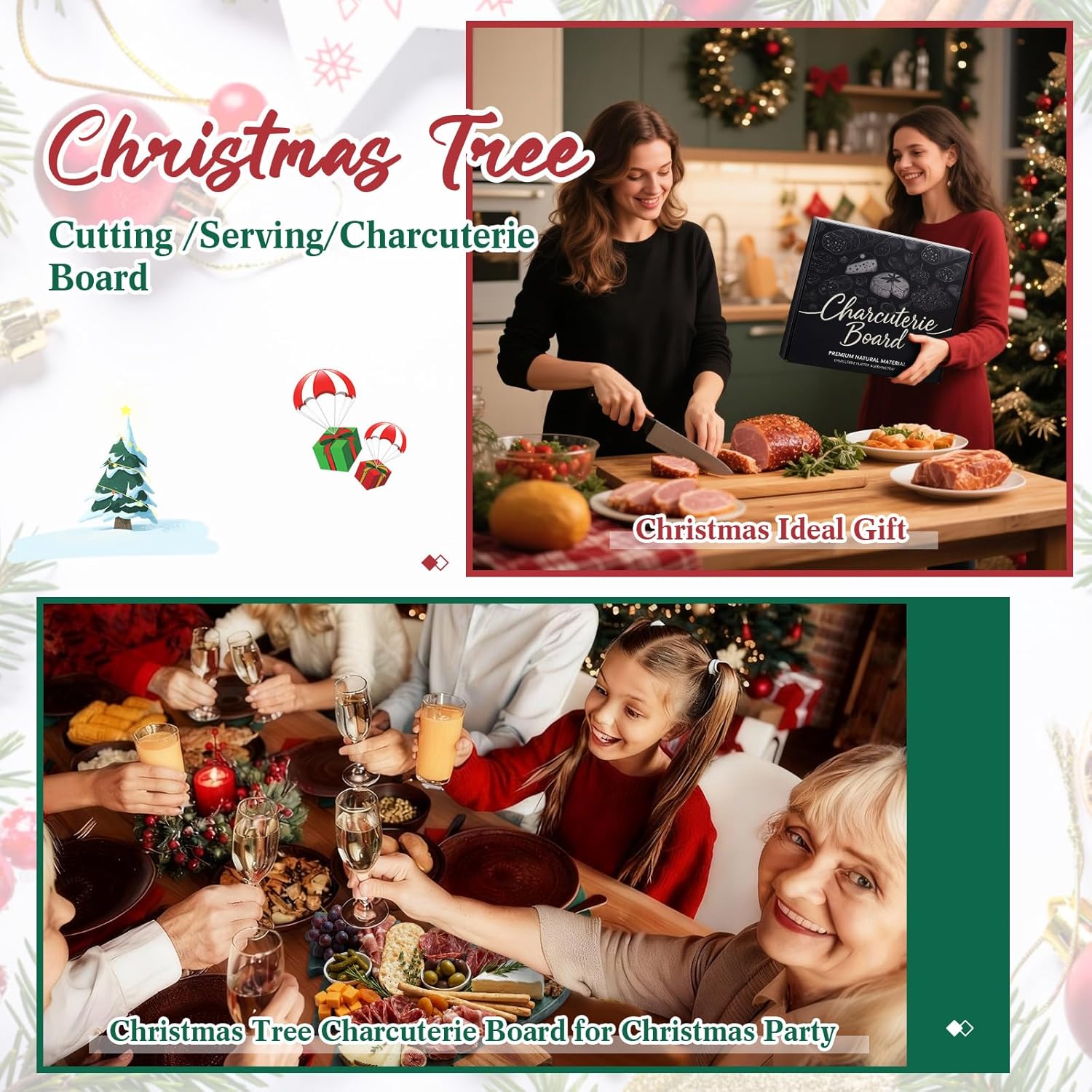 10 Pcs Christmas Tree Charcuterie Board Gift Set with Marble Wood Cutting Serving Tray Cheese Knives Fork Honey Stick Wine Stopper Flavoring Dish Kitchen Utensils Gifts for Xmas Holiday Party Favor