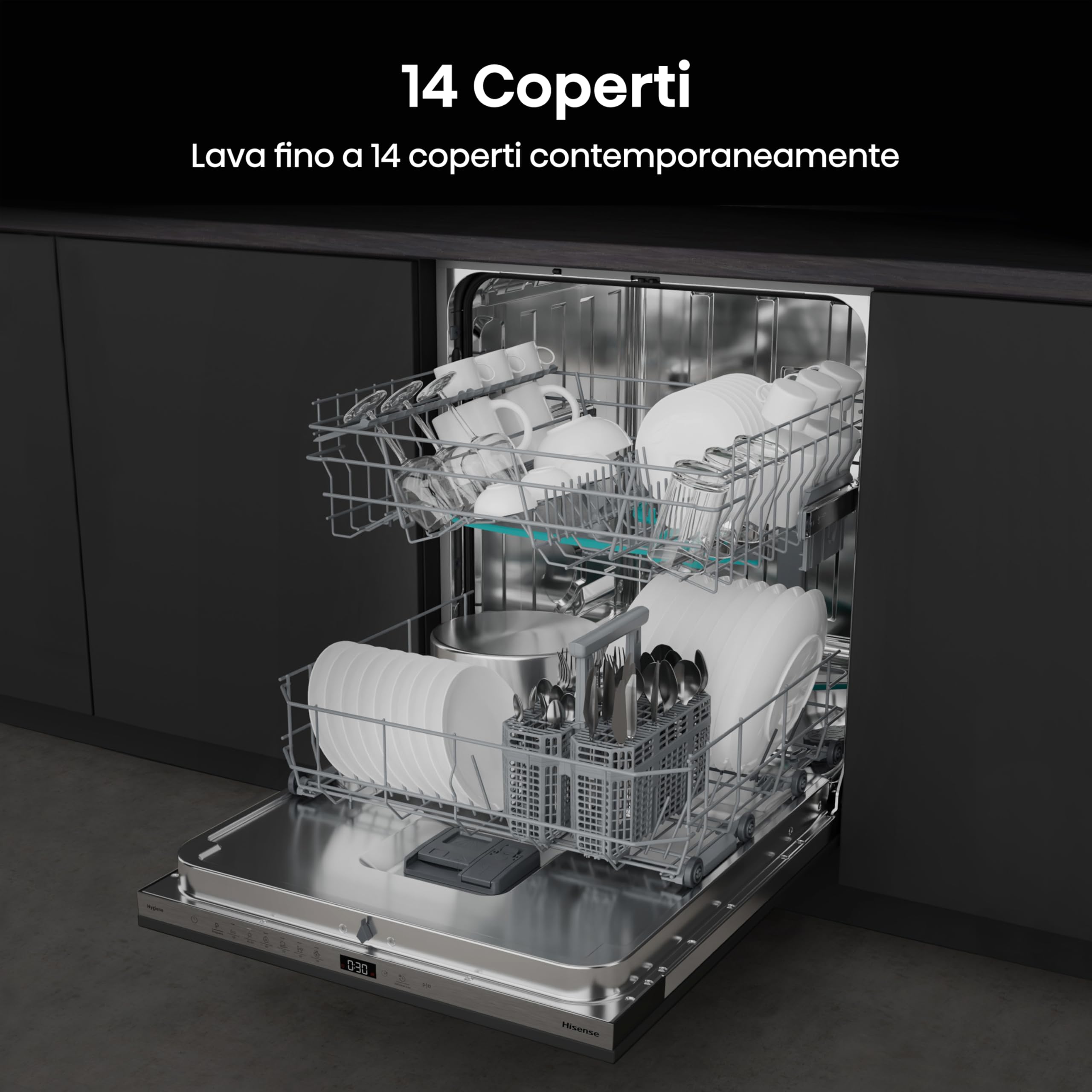 Hisense HV642D65 NUOVA Lavastoviglie da Incasso 60 cm, 14 Coperti, Apertura Porta Automatica, Cesti Flessibili, 6 Programmi, Classe Energetica D