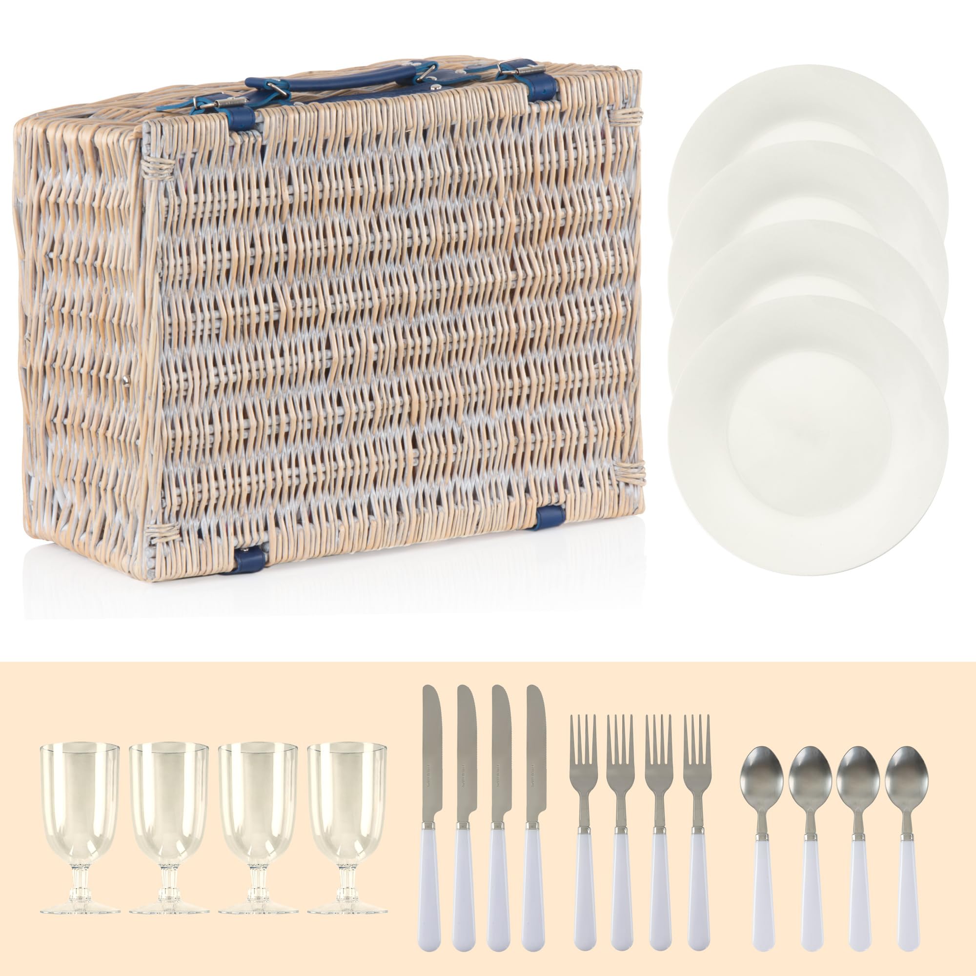 CampFeuer Cesta de Mimbre para Picnic con Correas de Polipiel | 4 Personas | 21 Piezas | Set de Picnic con Platos de Cerámica, Cubiertos, Copas, Manta de Picnic y Mucho Más