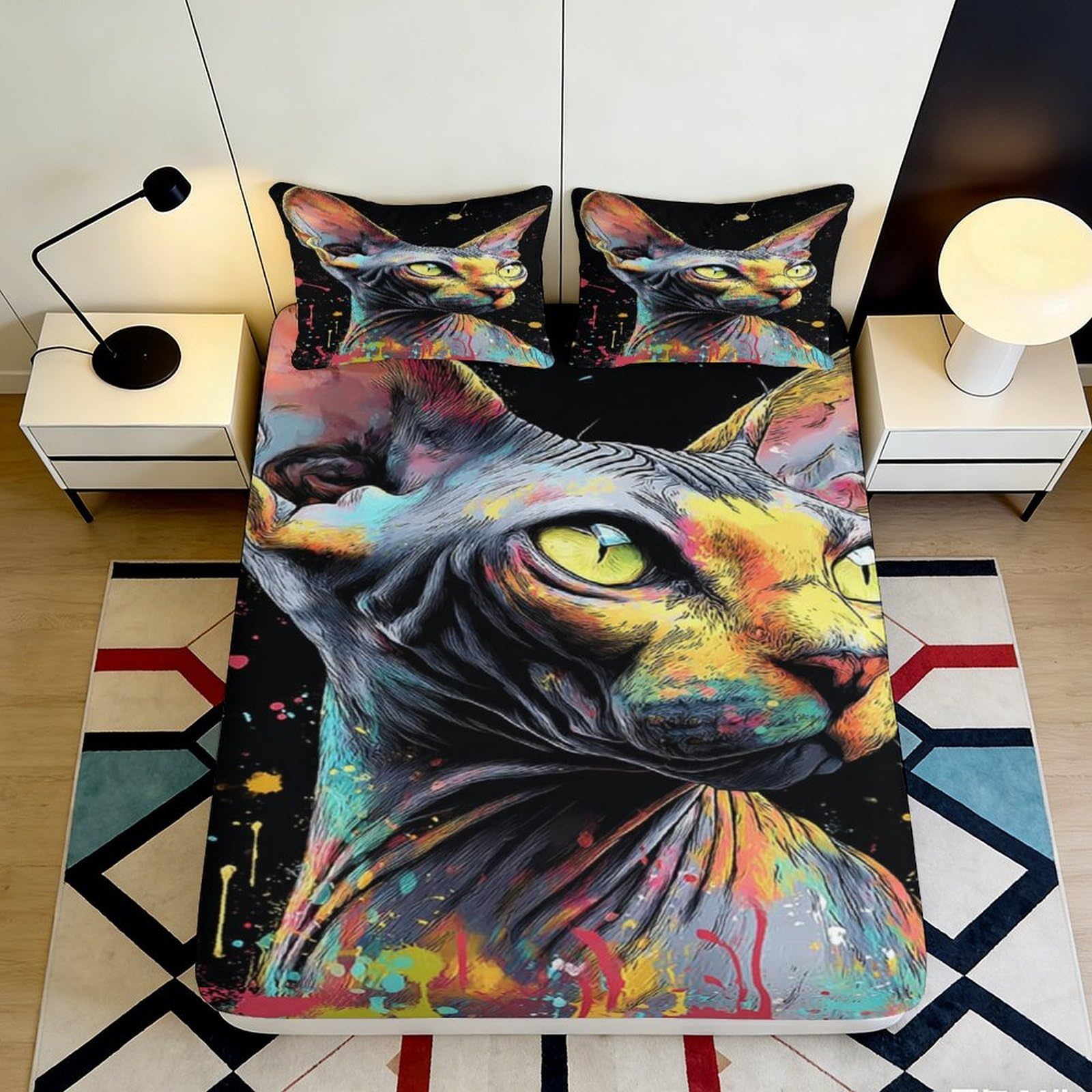 Jqzkxnhpbr Style-5 3D Printed Colorful Cat Fitted Sheet Microfiber Soft Artistic Black Cat Mattress Cover For Bedroom Dorm Easy Care 90X200x25cm