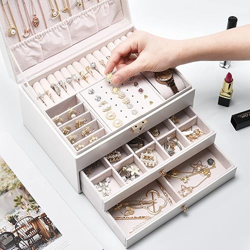Miniatura 7 de ZonGoods Cajas de joyería para mujer con candado caja organizadora de joyas de cuero grande de 3 capas caja de joyería para anillos aretes collares