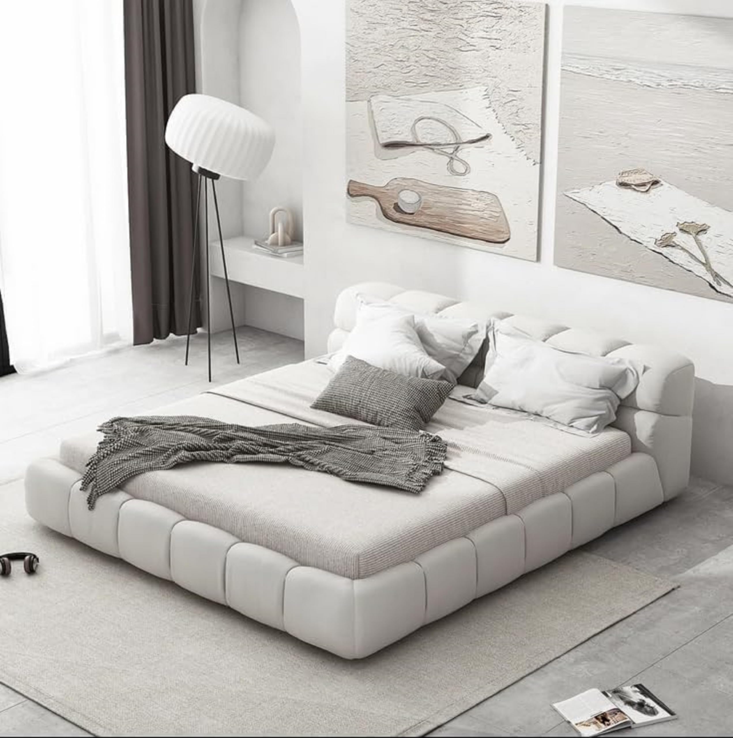 Poppins HOME Modern Fabric Upholstered Bed Frame – Queen/King Size with Grey Square Headboard (No Mattress (White, 160X200cm)