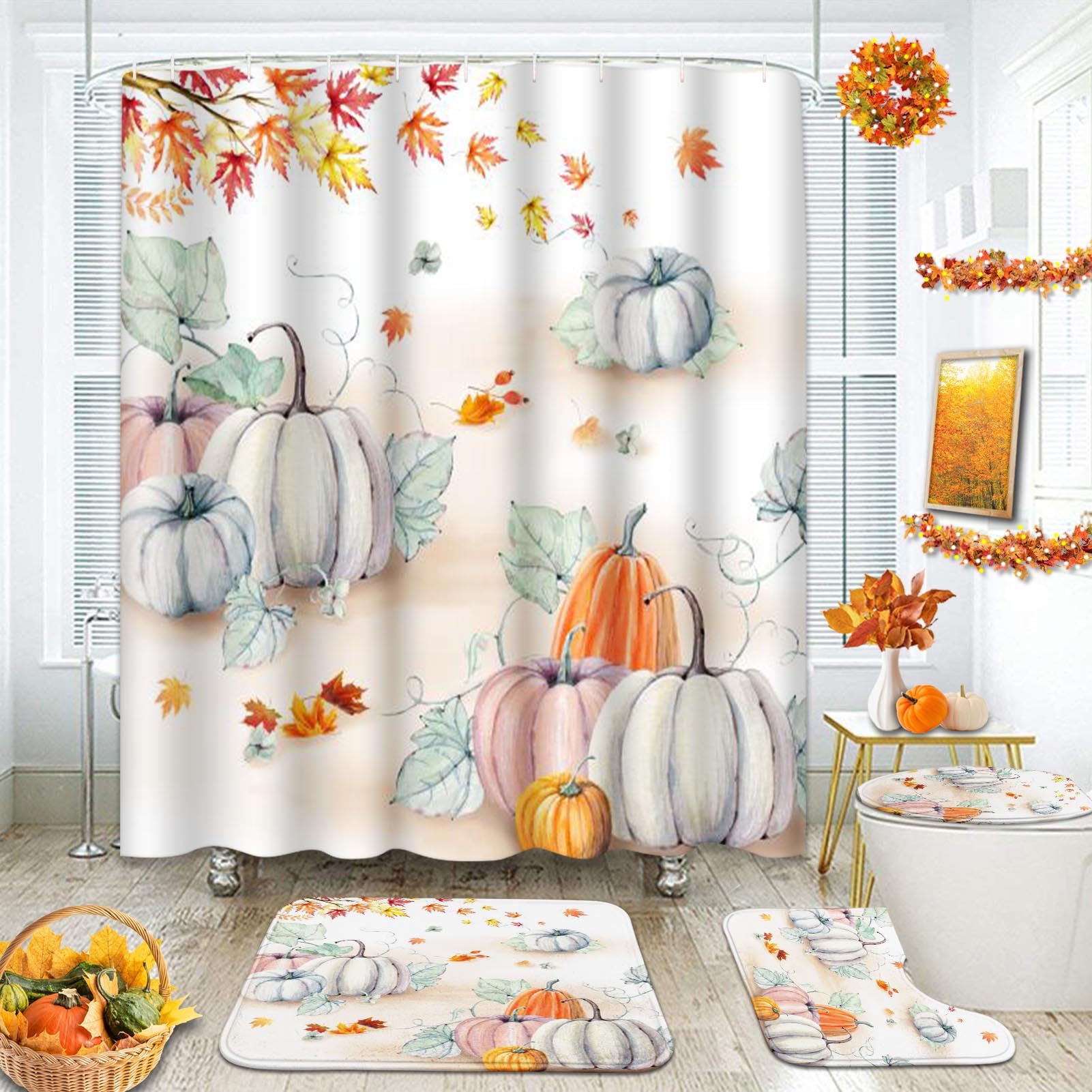 ArtSocket Pumpkin Thanksgiving Halloween Colorful Bathroom Set with Shower Curtain and Rug and Accessories, Leaves Autumn Fall Shower Curtain Set for Bathroom Decor 4 Pcs
