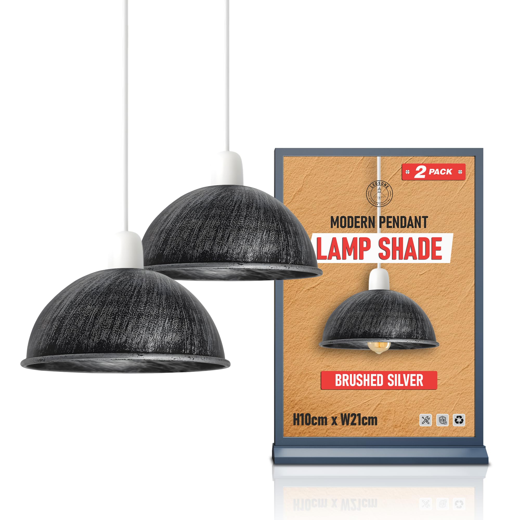 Brushed Silver Easy Fit Light Shade, Vintage 2 Pack of Metal 21cm Dome Shaped Ceiling Light Shade Pendant Light Lampshade for Living Rooms bedrooms Kitchen Dining Room Restaurant Cafe — image 1