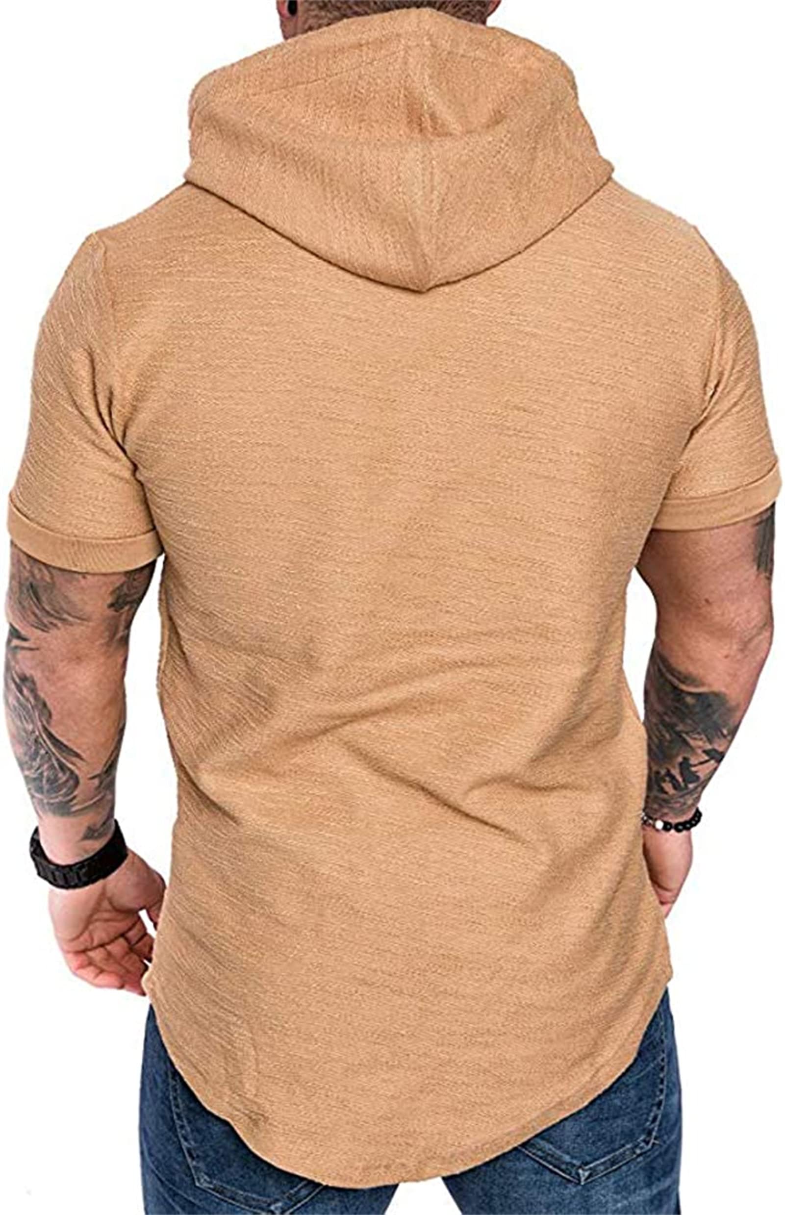Maiyifu-GJ Men's Short Sleeve Athletic Hoodie Lightweight Workout Hooded T-Shirts Solid Color Slim Fit Pullover Sweatshirt (Khaki,X-Large)