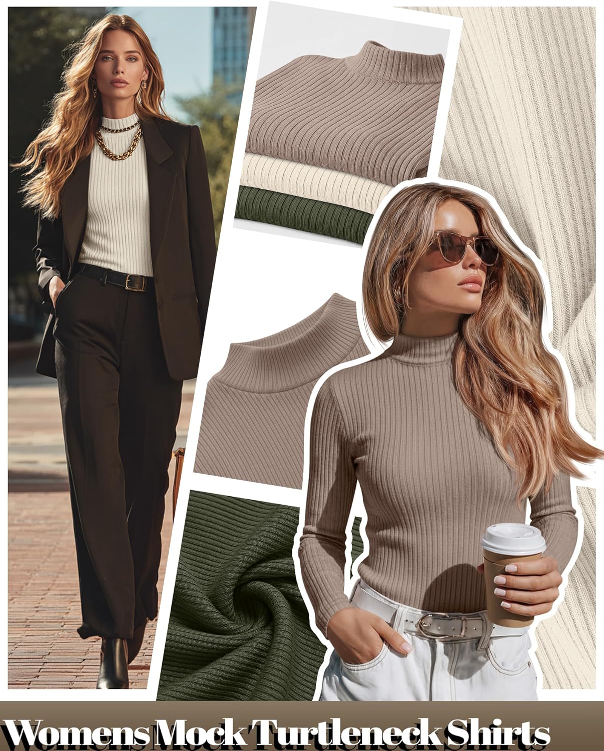 Riyiper 3 Pack Women's Ribbed Shirts, Mock Turtleneck Long Sleeve Tops Slim Fitted Undershirts Casual Basic Layering Tees - Image 5