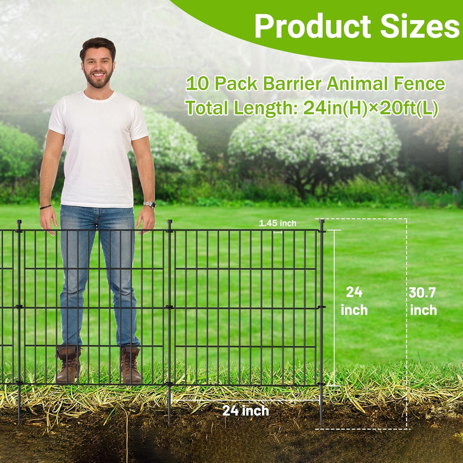 10 Panels No Dig Decorative Outdoor Garden Fence for Yard, 24 in(H) X 20 ft(L) Animal Barrier Fencing Rustproof Metal Wire Panel Border for Dog, Rabbits, and Patio Temporary Ground Stakes 10 Panels-24 in(H) X 20 ft(L)