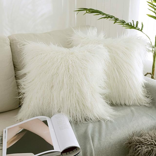 Pillow Cover, 2 Pcs Set Faux Fur Square Fluffy Throw Pillow Case Decorative Plush Cushion Cover for Sofa Couch Bed Car (White, 18" x 18")