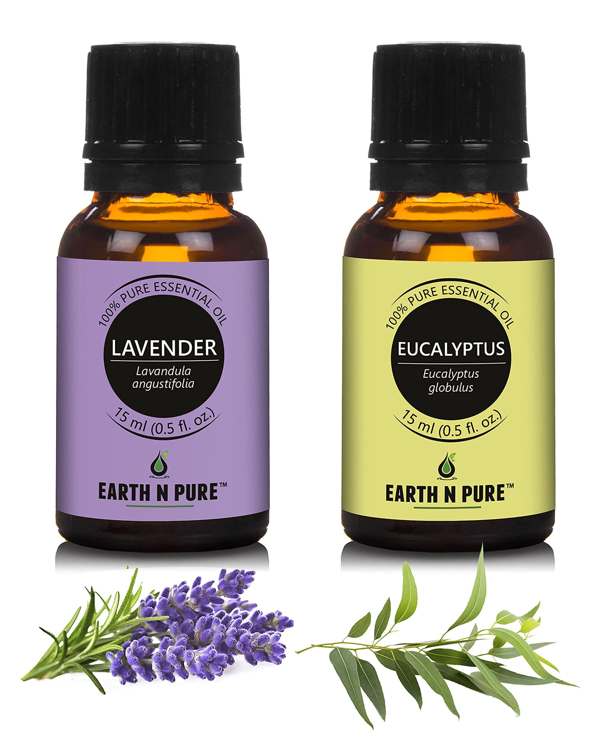 Earth N Pure Eucalyptus & Lavender Essential Oils | Pack Of 2 (15 ml each) | 100% Undiluted, Natural & Therapeutic Grade - For Aromatherapy Diffuser, Massage Therapy, And All Natural Muscle Relaxer