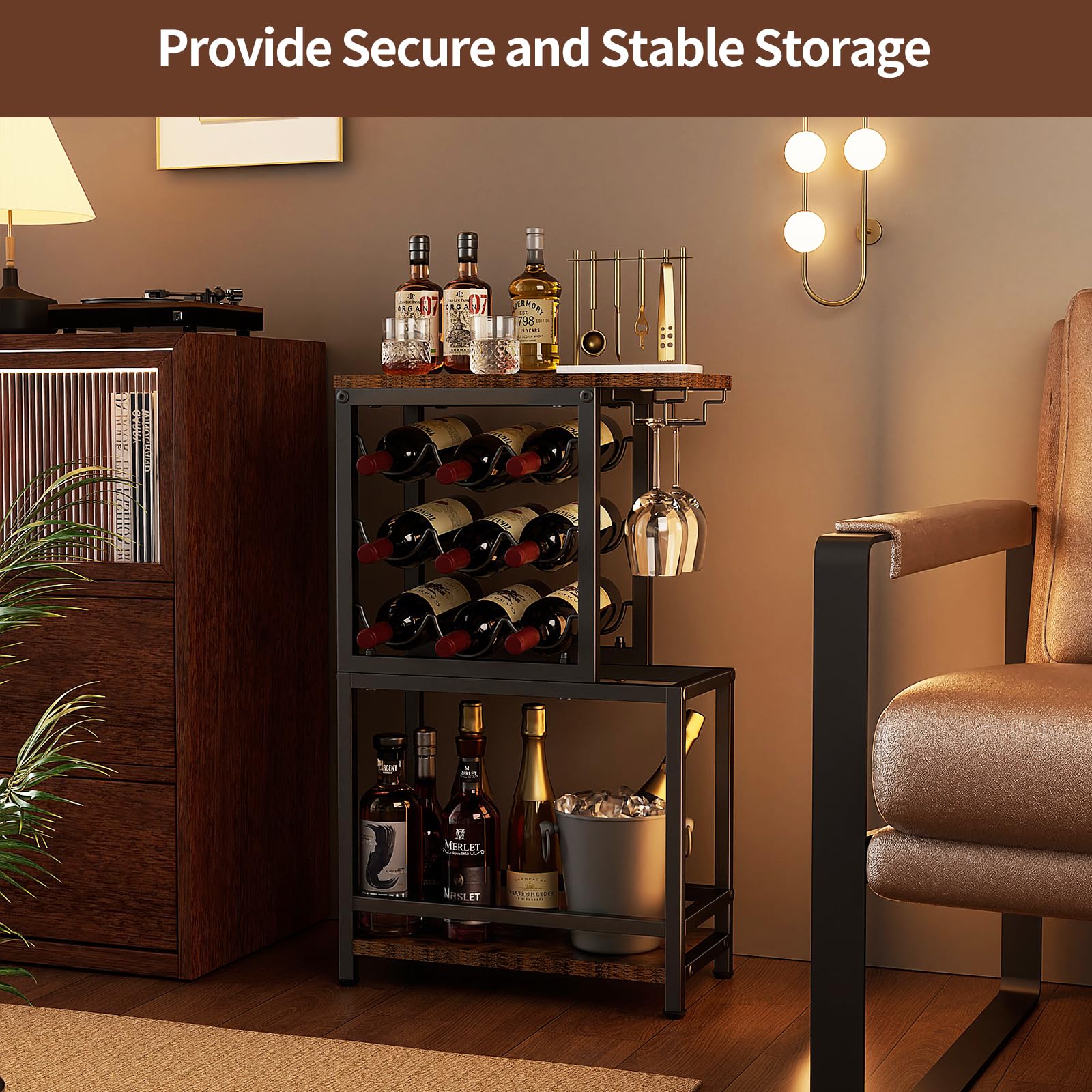 Nuovoware Botellero de Vino Pie, Botellero Vino 3 Niveles con Soporte para Copas, Versátil Soporte Licor para Bar en Casa, Mini Mesa Bar Esquina, Licor, Whisky, Marrón+Negro