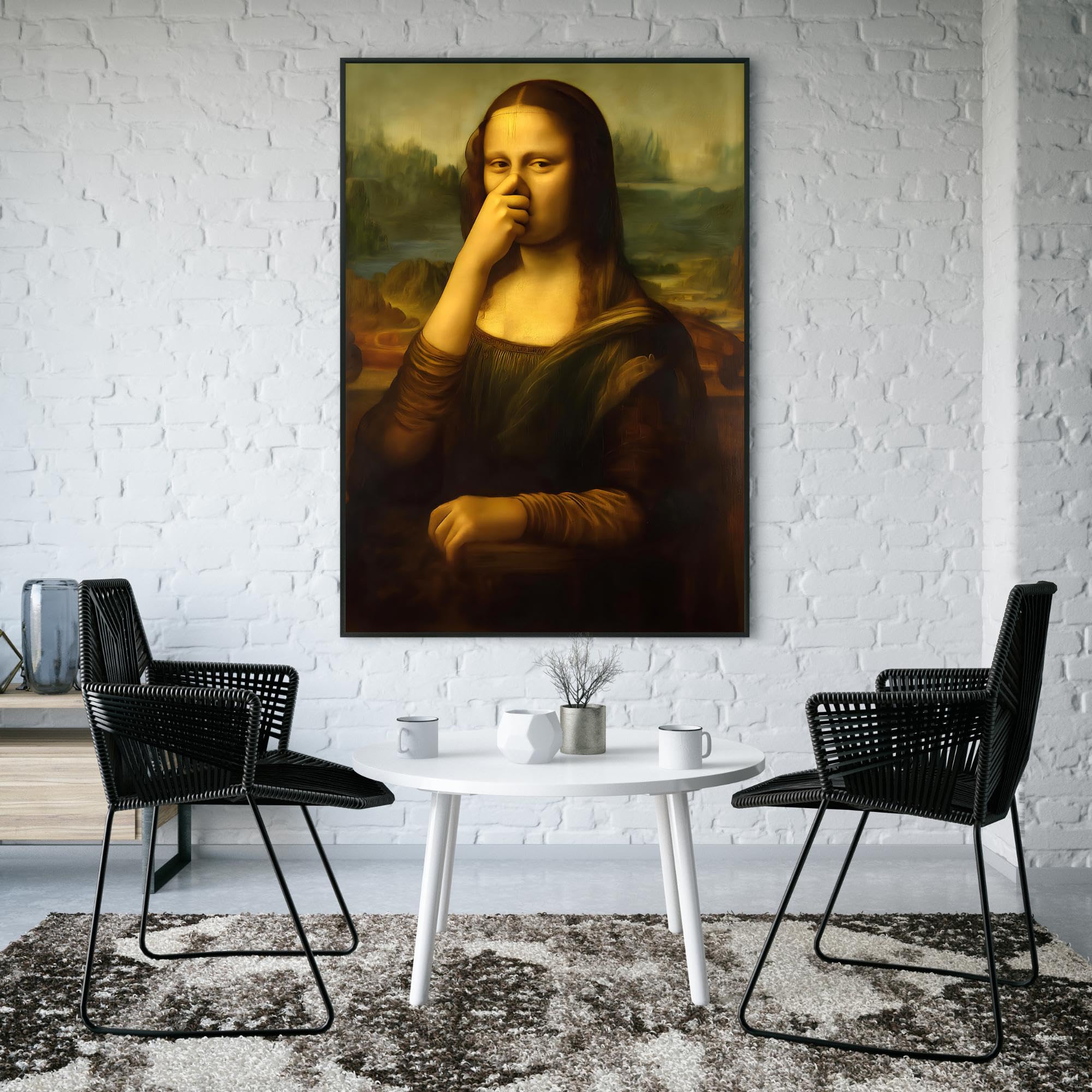 Mona Lisa Mona Lisa Zabawny plakat z papierem toaletowym i gestem zakrywania nosa - ironiczna dekoracja ścienna do łazienki (70 x 125 cm (28 x 49 cali)