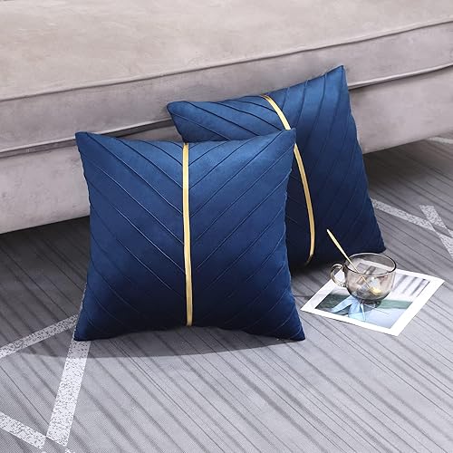 Miniatura 3 de Tosleo - Juego de 2 fundas de almohada decorativas de terciopelo azul marino con cuero dorado, fundas de almohada modernas y lujosas para sofá, sala