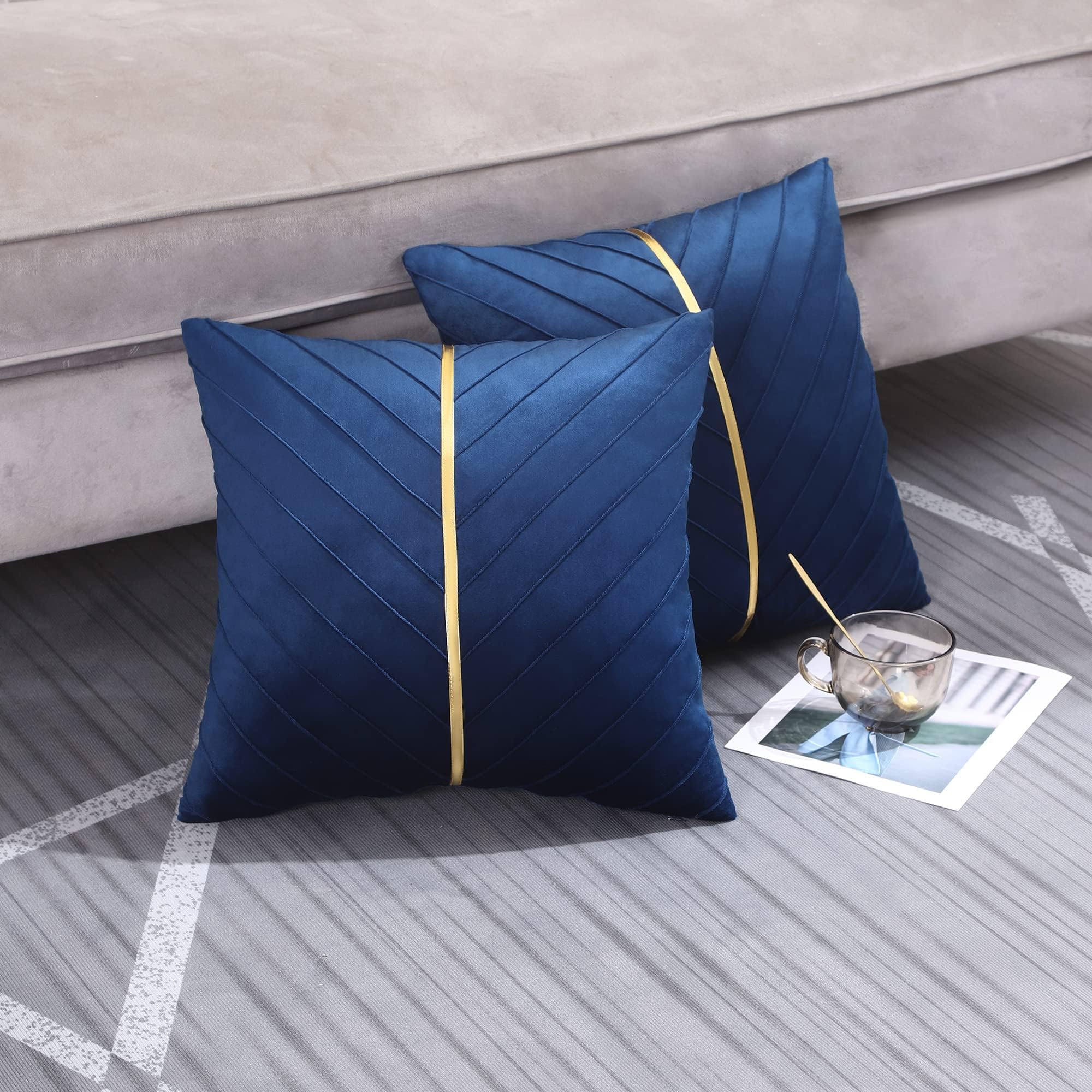 Tosleo Navy Blue Velvet Throw Pillow Covers 22 x 22 inch Pack of 2 with Gold Leather Decorative Couch Pillowcases Luxury Modern Pillow Cover for Living Room Bedroom Sofa Cushion Bed 55 x 55 cm - Image 3