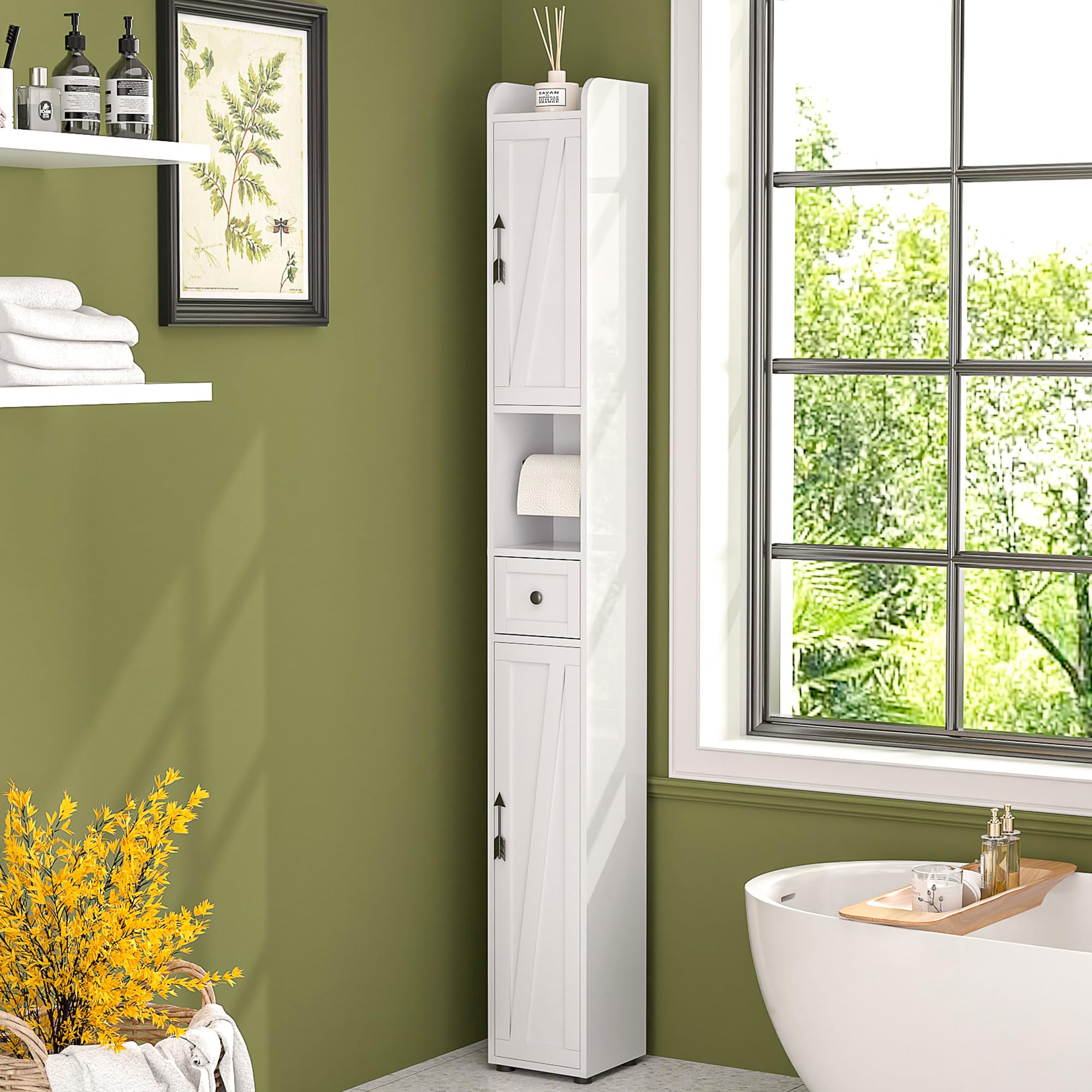 VECELO Tall Narrow Storage Cabinet with Adjustable Shelves, Slim Freestanding Bathroom Cabinet with Toilet Paper Holder, 2 Magnetic Doors & Drawer,