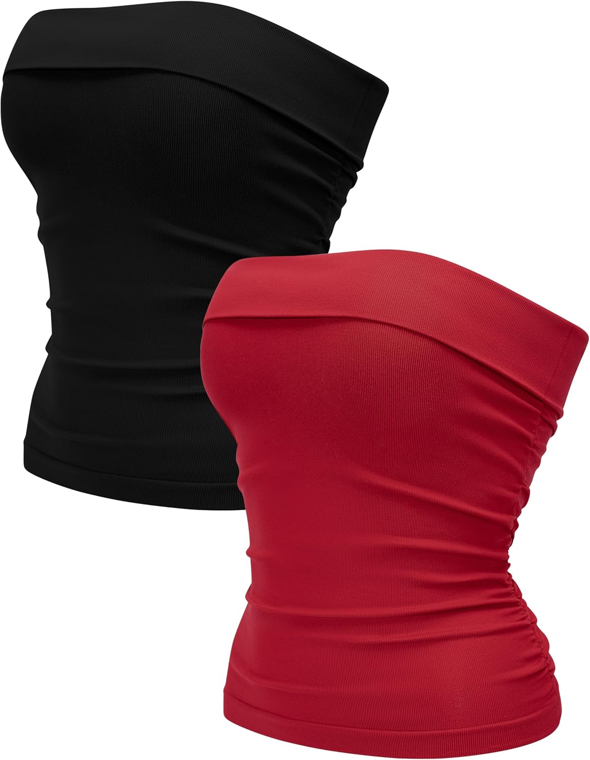 OLCHEE Womens 2PK Tube Tops Off Shoulder Seamless Ribbed Strapless Sleeveless Side Ruched Slim Fitted Summer Going Out Top