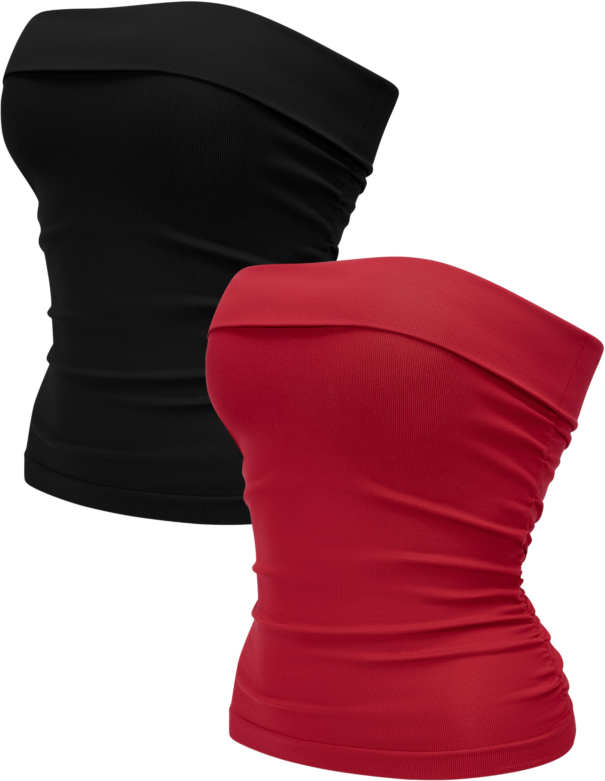 Photo 1 of OLCHEE Womens 2PK Tube Tops Off Shoulder Seamless Ribbed Strapless Sleeveless Side Ruched Slim Fitted Summer Going Out Top - Black Red Large