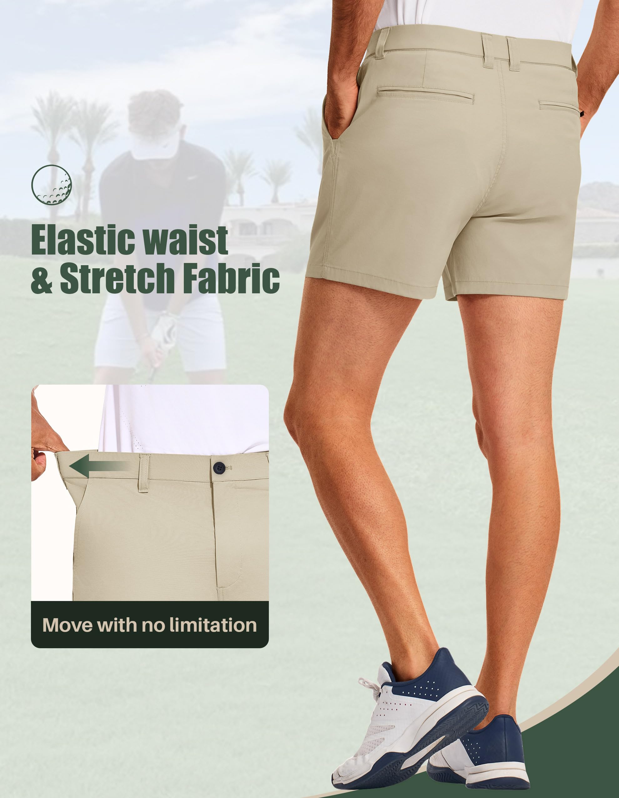 PULI Pantalones cortos de golf para hombre con entrepierna de 5 pulgadas, elásticos, casuales, con bolsillos, impermeables, ligeros, de secado rápido