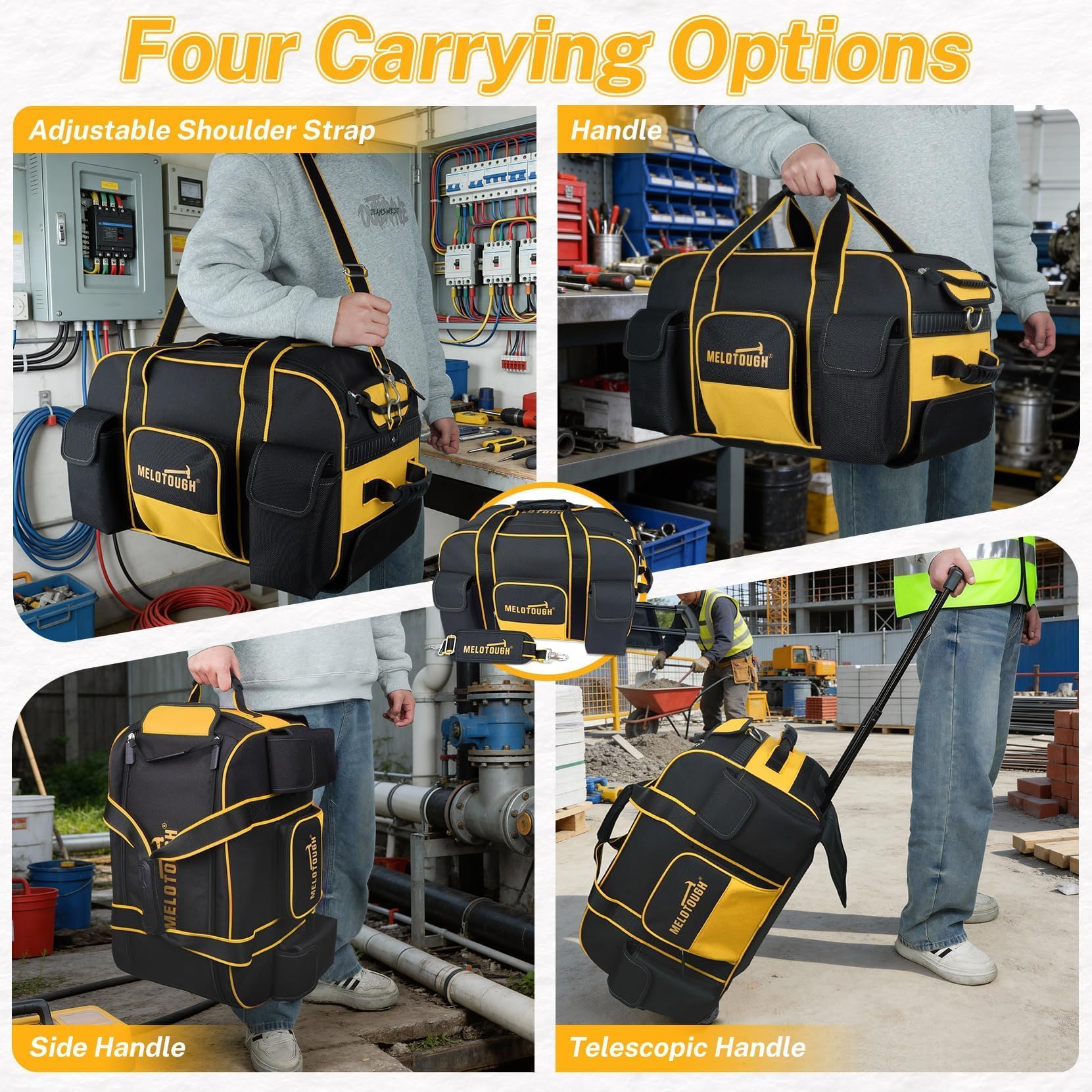 MELOTOUGH Sac à outils à roulettes robuste avec poignée télescopique dissimulée, grande capacité, plusieurs poches pour électricien, CVC, construction, charpentier (jaune)