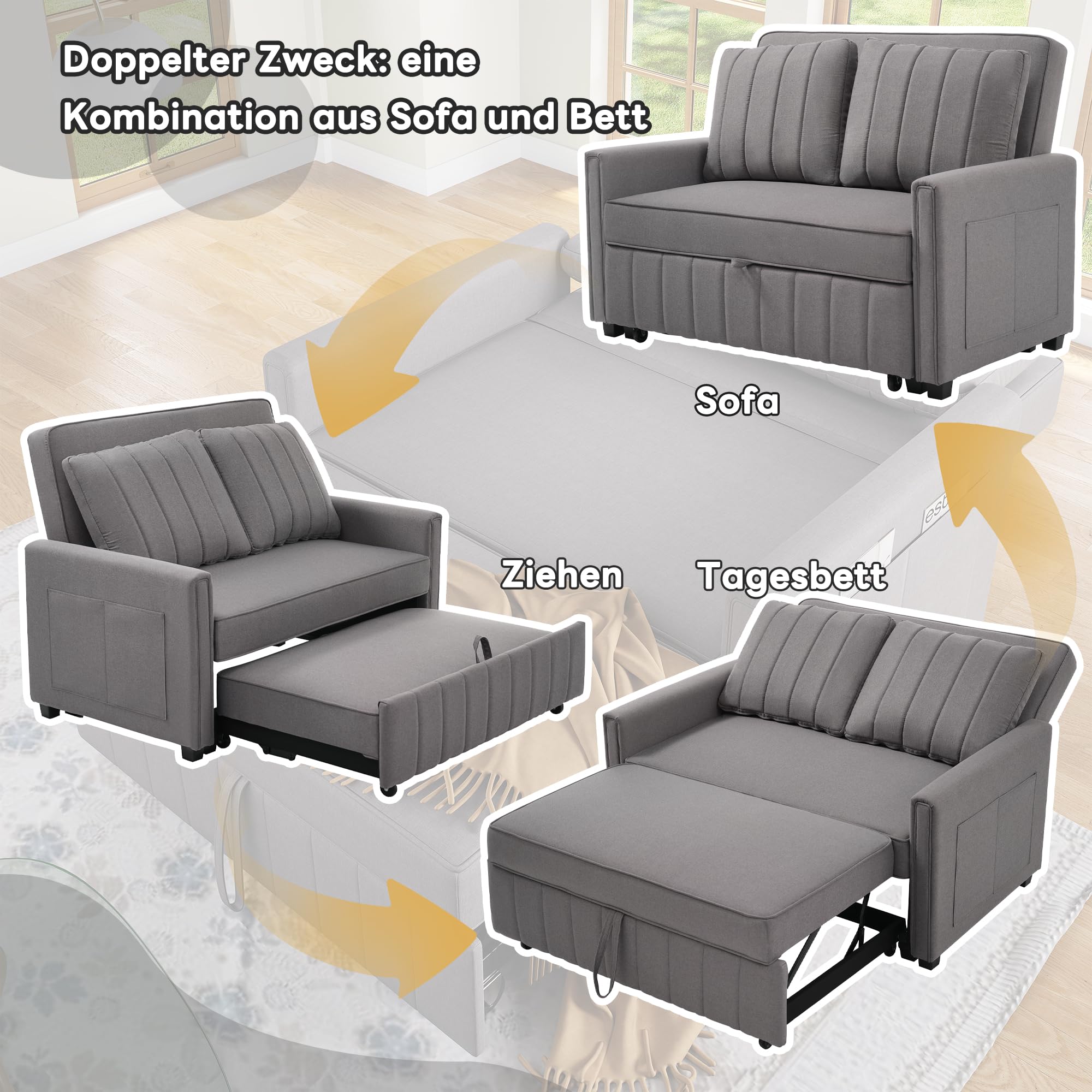 HAINEW Moderner Klappbares Schlafsofa Couch Sofa mit Schlaffunktion, 2-Sitzer Polstersofa Polstermöbel mit Rückenlehne und Armlehnen für Wohnzimmer, Schlafzimmer, Wohnung (Grau)