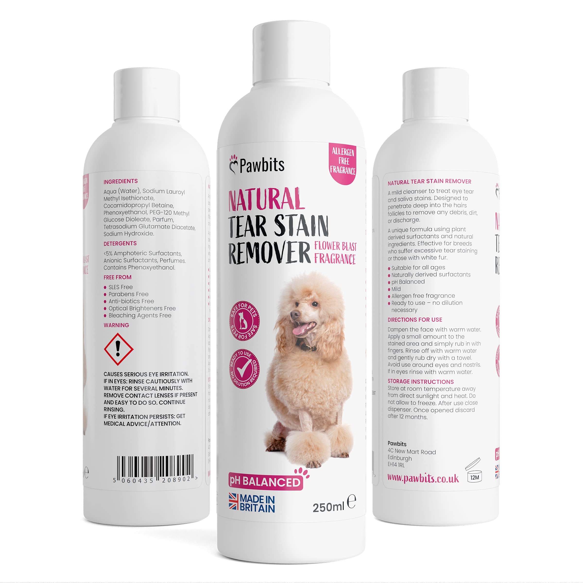 Pawbits Natural Tear Stain Remover for Dogs 250ml - Dog Tear and Saliva Cleanser to Remove Stains, Dirt and Discharge