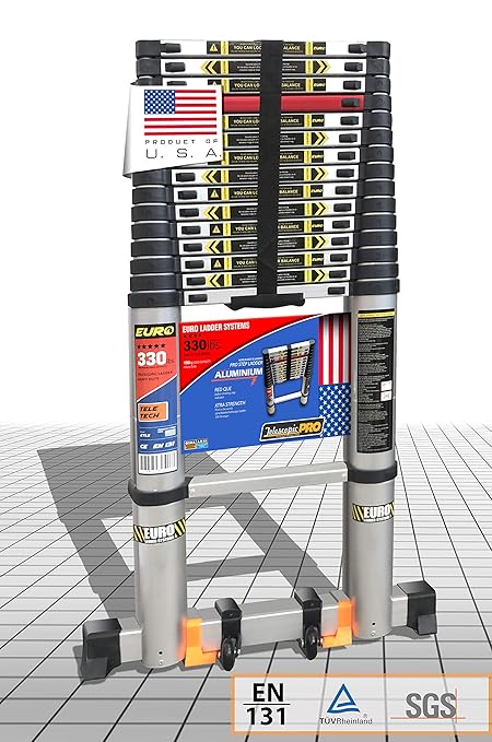 Euro Ladder Systems Pro Telescopic Ladder 5.2 Meter (17.3 ft) - Stores at 3.6 ft - Zero Flex Technology (Rock Solid)- Red Que Safe Step - Stabilizer,Anti Skid feet & Wheel Kit