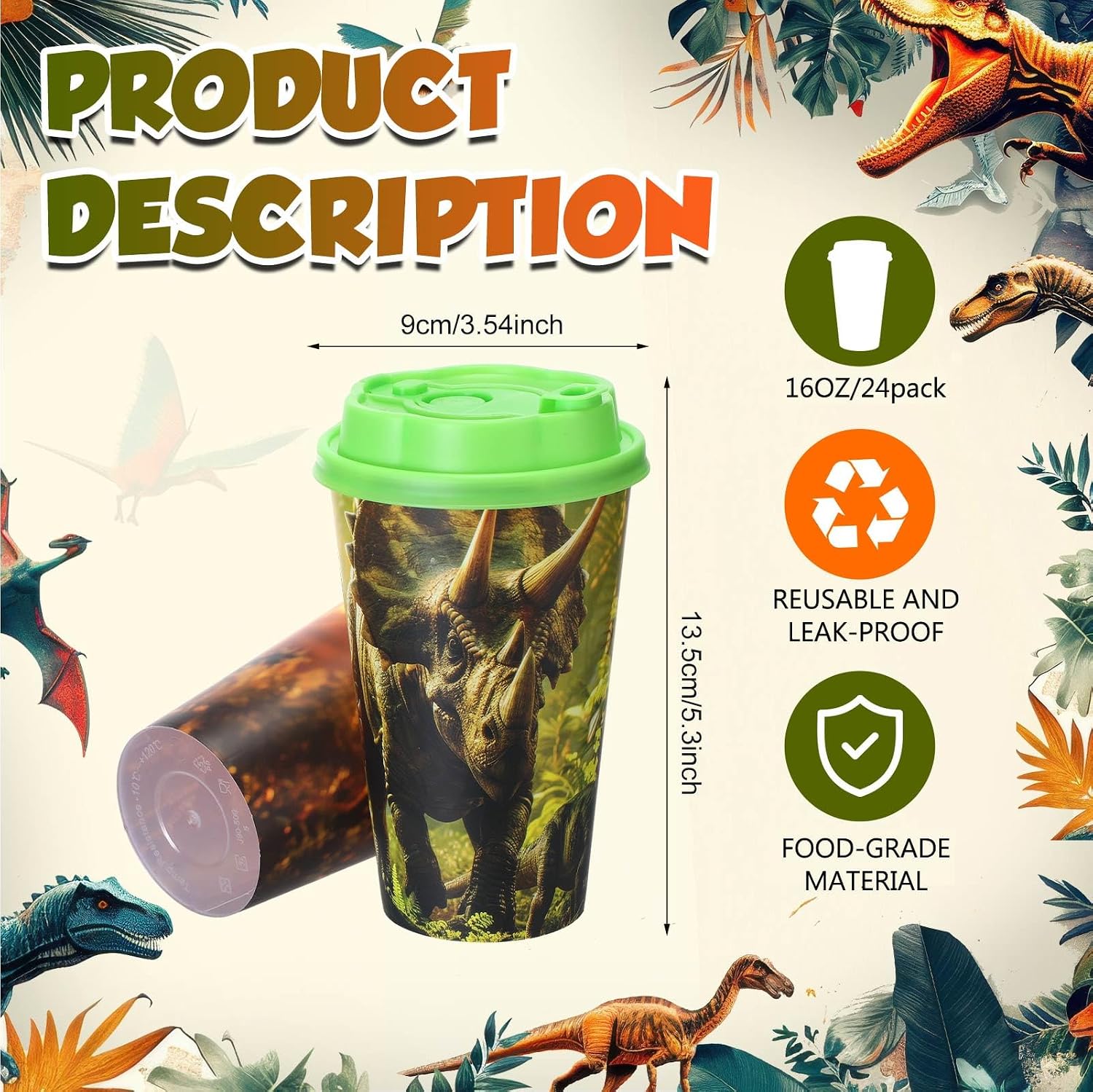 Dinosaur Party Favors Include 24 Pcs Dinosaur Party Cups with Lids and Straws, Dinosaur Birthday Decorations, 16oz Plastic Party Cups for Birthday Party Supplies