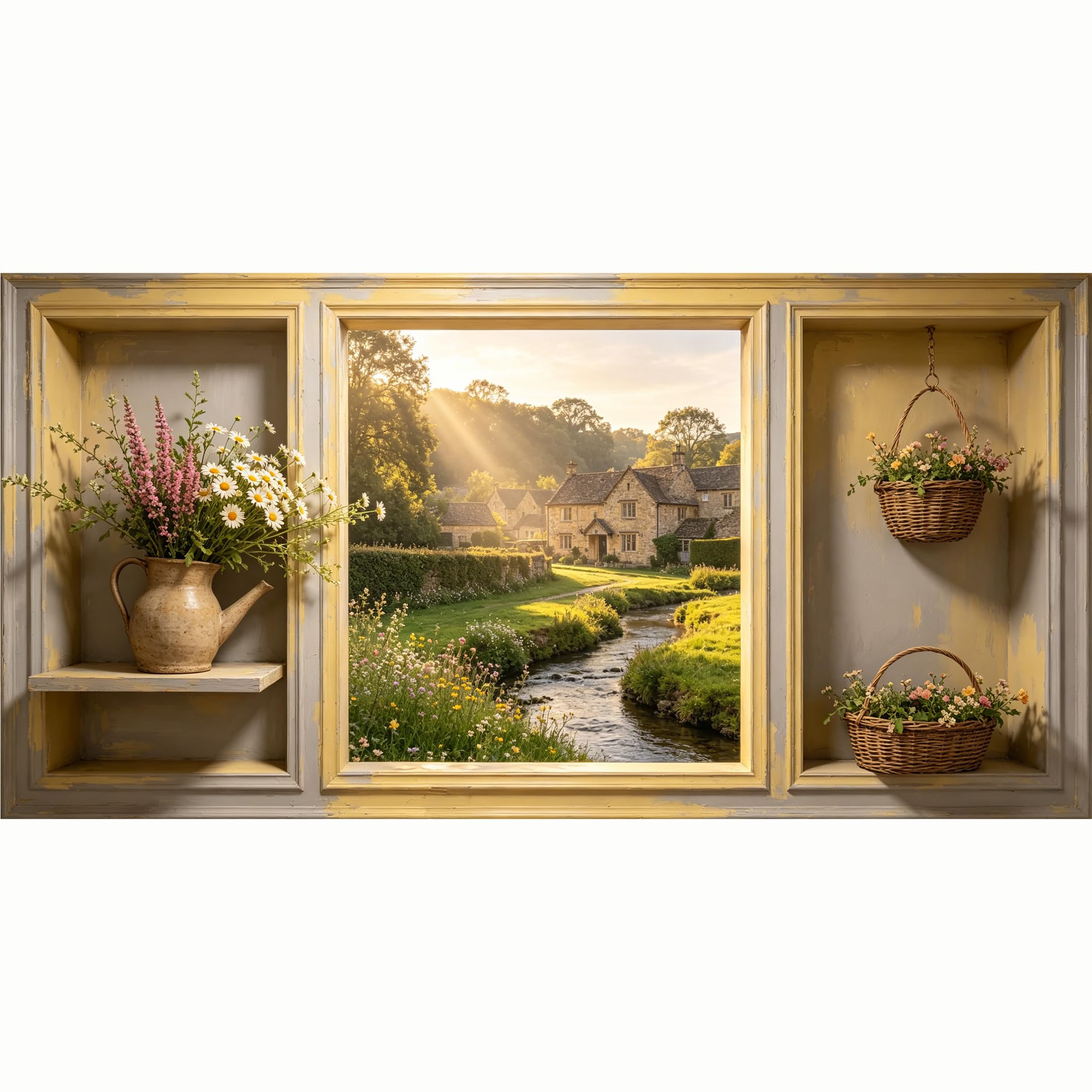 QZLITHOTIC 50x100cm 3D Framed Wall Art， Rustic Countryside Stream Landscape Self‑Adhesive Mural， Water‑Activated Peel & Stick Fabric Decor Wall Decal for Bedroom Living Room