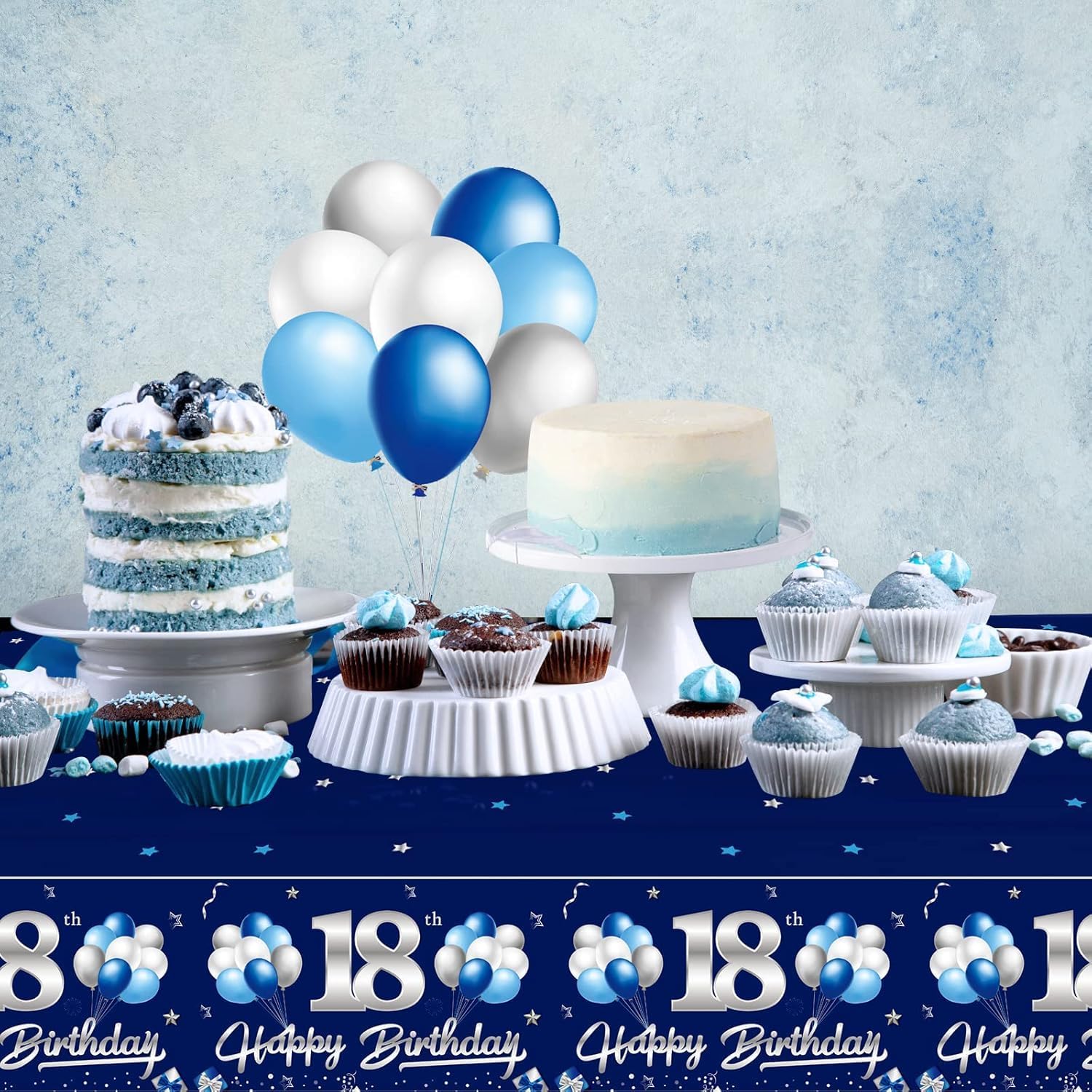 Blue Silver 18th Birthday Door Banner Tablecloth Decorations, Happy 18 Birthday Party Porch Banner for Boys, Sweet 18 Year Old Birthday Party Supplies