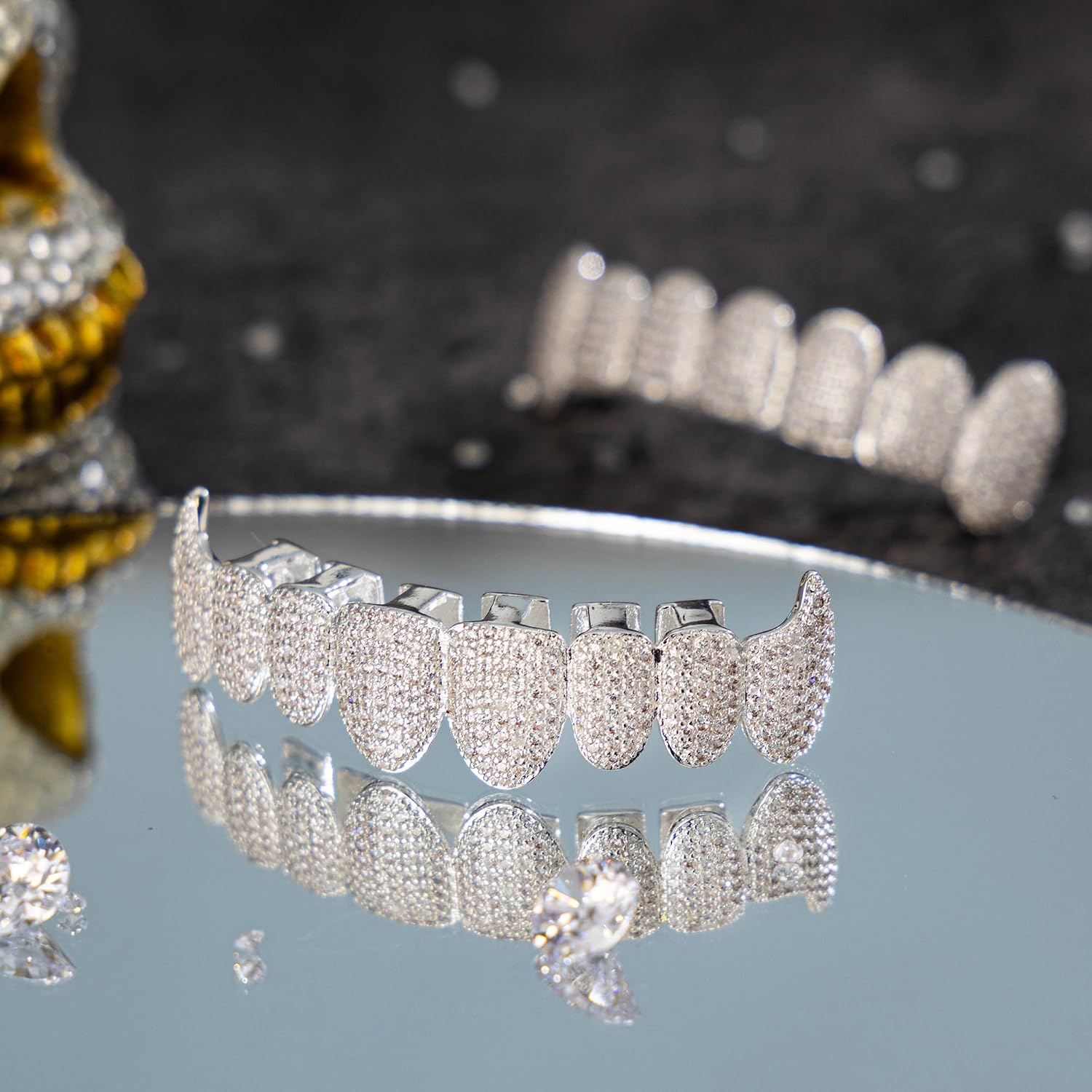 Grillz - Gold & Silver 6/8 Teeth Top & Bottom Grillz Set for Men and Women, 14K Gold Plated Teeth Caps for Halloween Costume Accessories