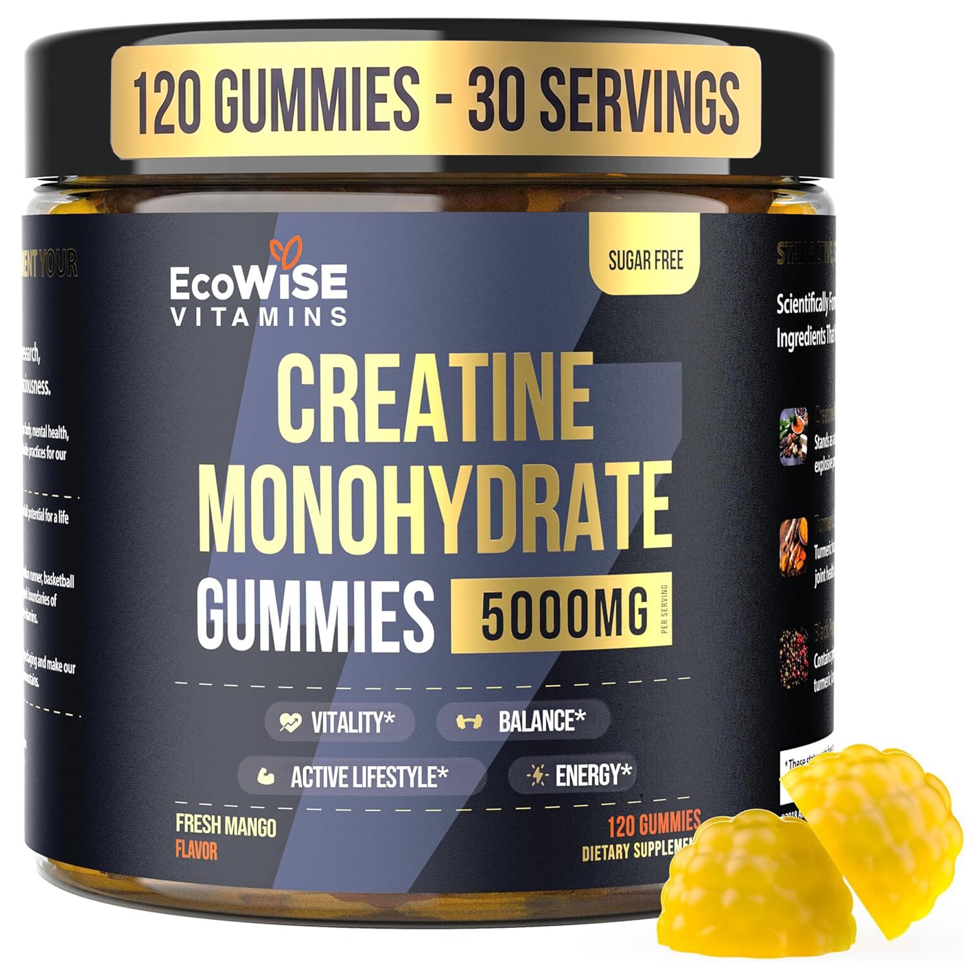Creatine Monohydrate Gummies 5000 mg per Serving, Mango Flavor, with Turmeric Root &amp; Black Pepper, Sugar Free, Vegan Creatine Gummies, 120 Gummies, 30 Servings