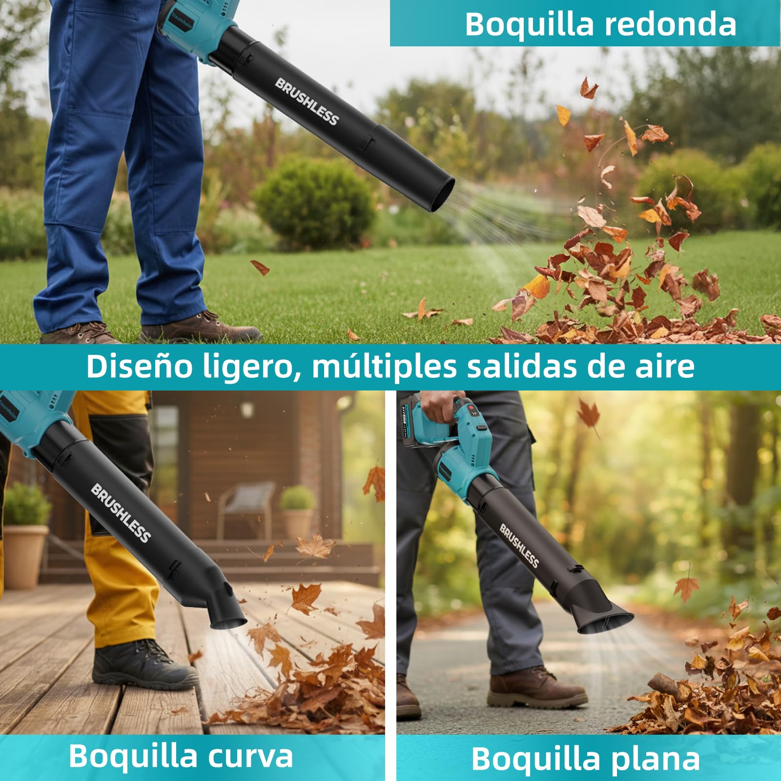 Batería soplador de Hojas, 2 en 1, sin escobillas, con 3 Marchas, máx. 900000 RPM, Volumen de Aire 1000 m³/h, Modo Vertical y Horizontal, para jardín, Hojas (Batería no incluida