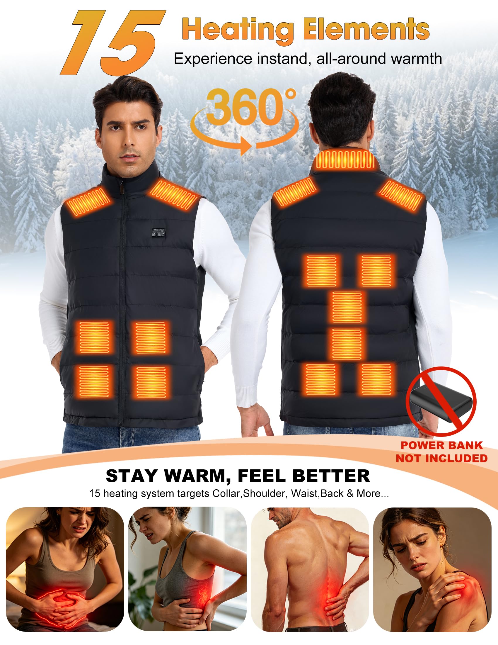 Gilet riscaldato da uomo, con 15 zone di riscaldamento, pulsante intelligente, leggero, elettrico, USB, per attività invernali all'aperto, campeggio, Natale (batteria non inclusa)