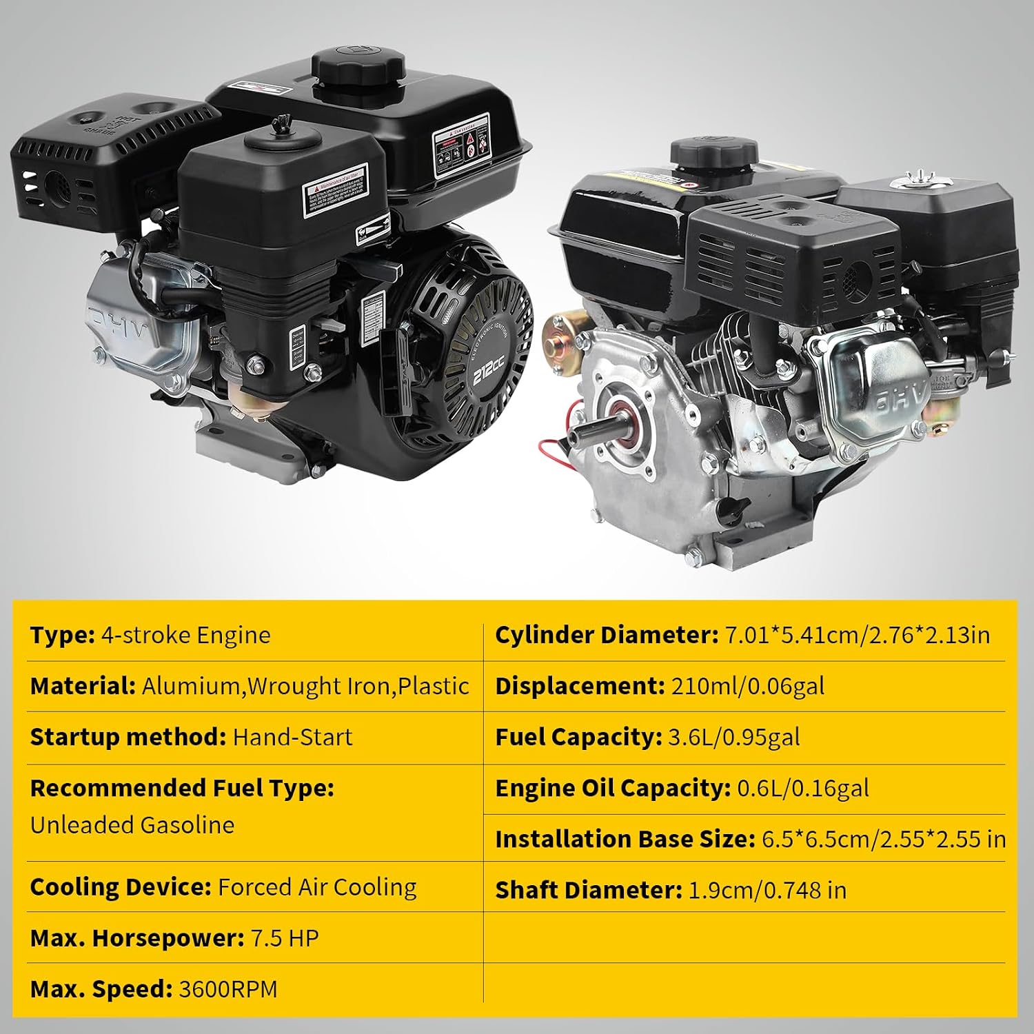 7.5HP 4 Stroke Gas Engine 210CC 3600 RPM Go Kart Engine, 25° Inclined Single Cylinder Engine Forced Air Cooling (19mm Shaft)