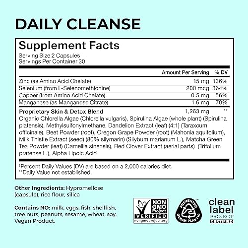 Miniatura 5 de HUM Daily Cleanse Suplementos para el acné para mujeres y hombres, limpieza digestiva suave para soporte de piel clara, zinc, espirulina, clorella,