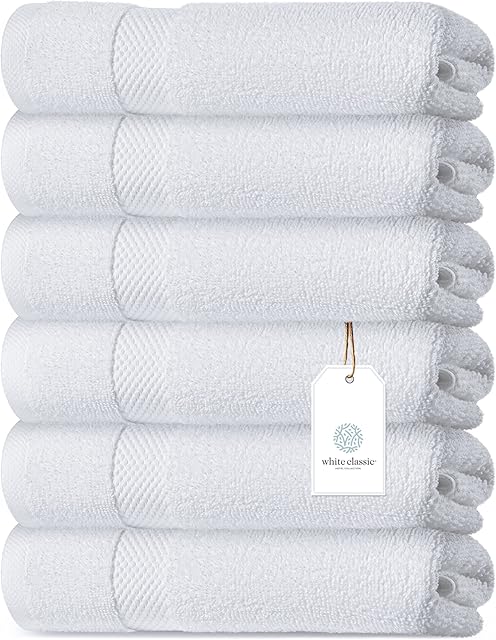 White Classic Luxury Hotel Quality Hand Towels, 100% Circlet Egyptian Cotton 650 GSM, 42x78 cm (White, 6 Pack)
