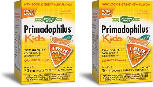 Nature's Way Primadophilus Kids 3 mil millones de CFU, 30 masticables con sabor a naranja (edades 2 a 12 años, refrigeran para mantener la máxima