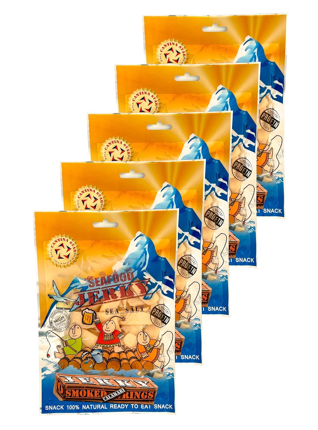 Cantina Star Smoked Rings Calamari Jerky 80g Pack of 5 - Natural Wild-Caught Squid Snacks, Omega-3 Protein Boost