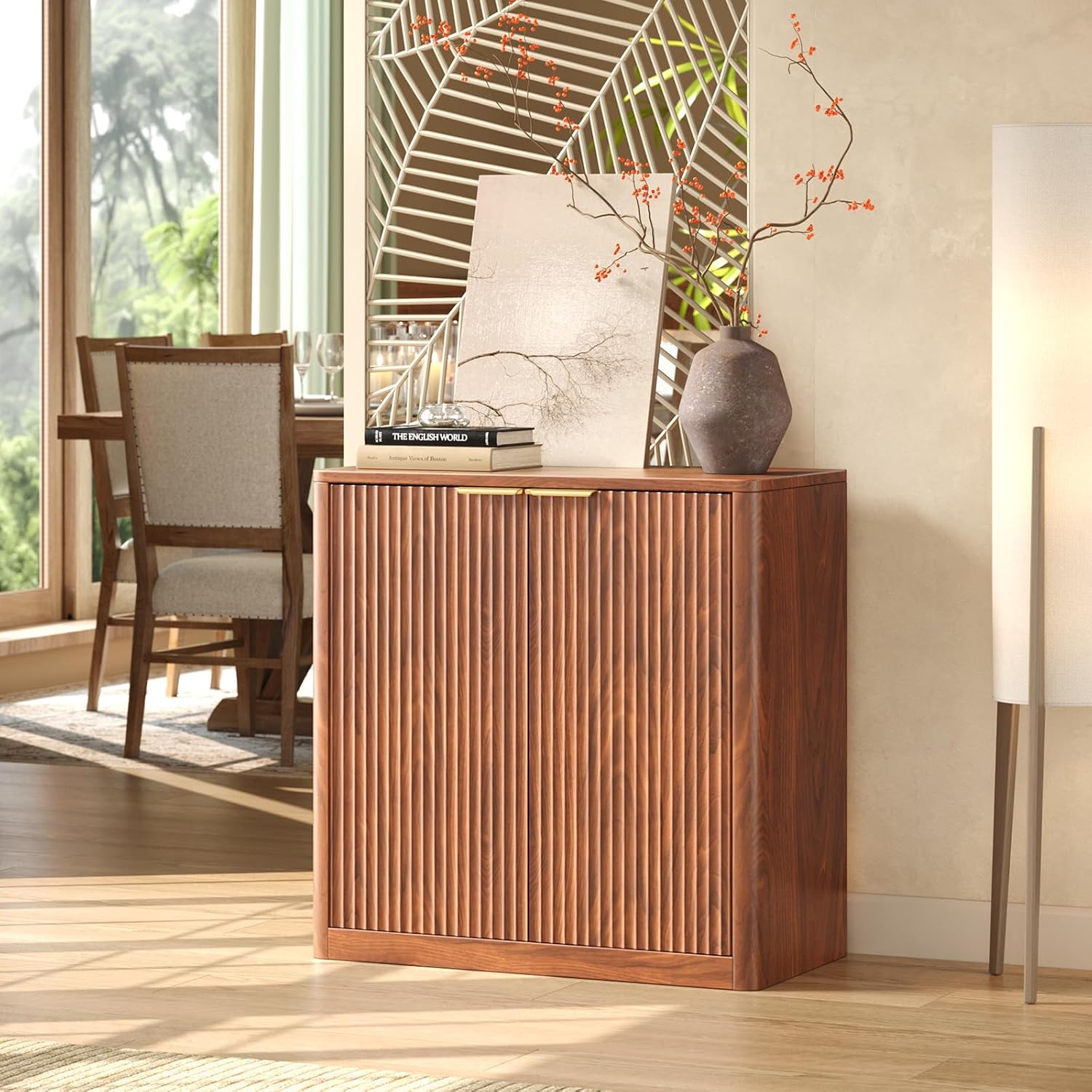 Hootata Walnut Buffet Cabinet placed in a dining room setting