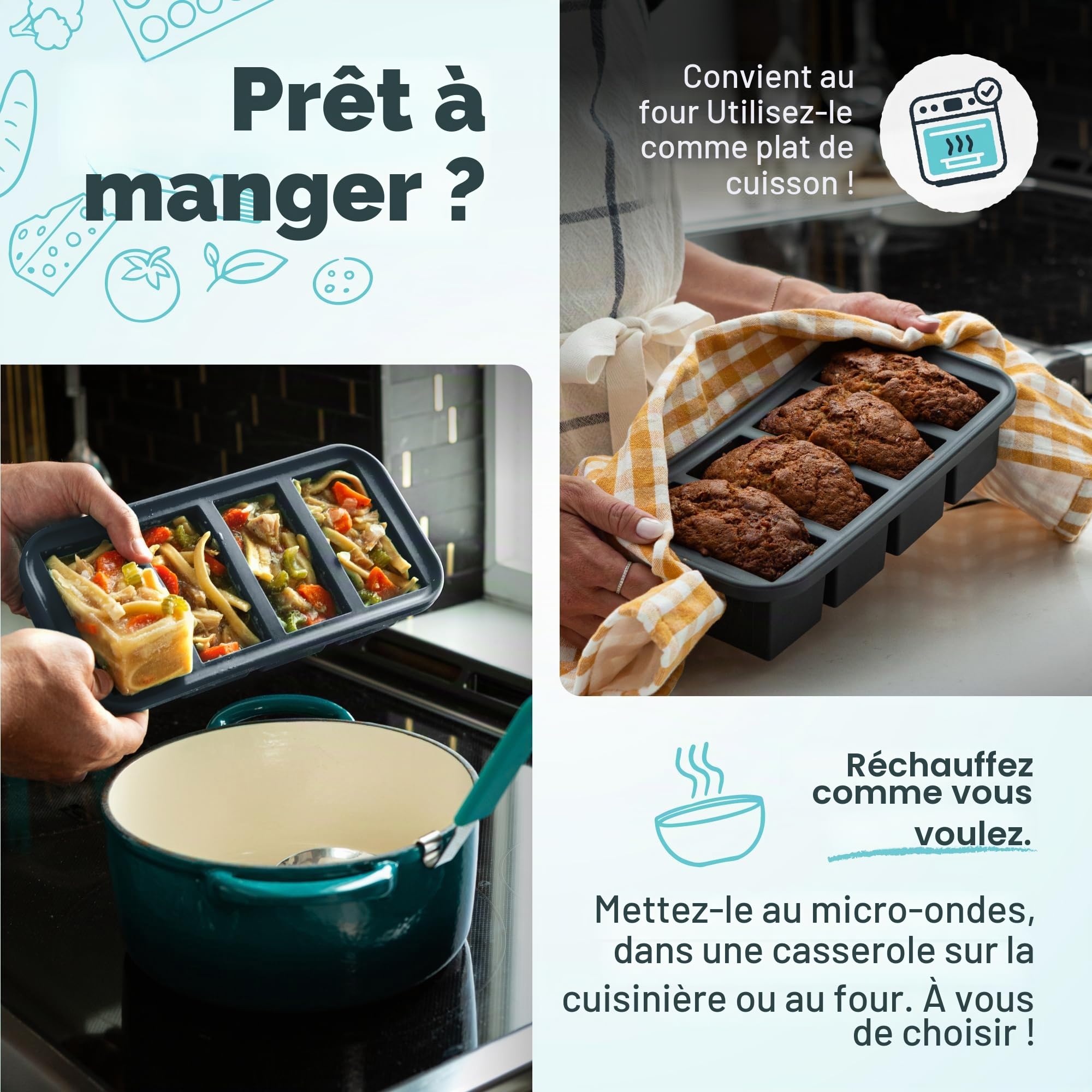 Souper Cubes Lot de 2 plateaux de congélation avec couvercle, couleur anthracite, pour 12 portions parfaites de 1/2 tasse, pour congeler le pesto, la salsa, la sauce ou les aliments.